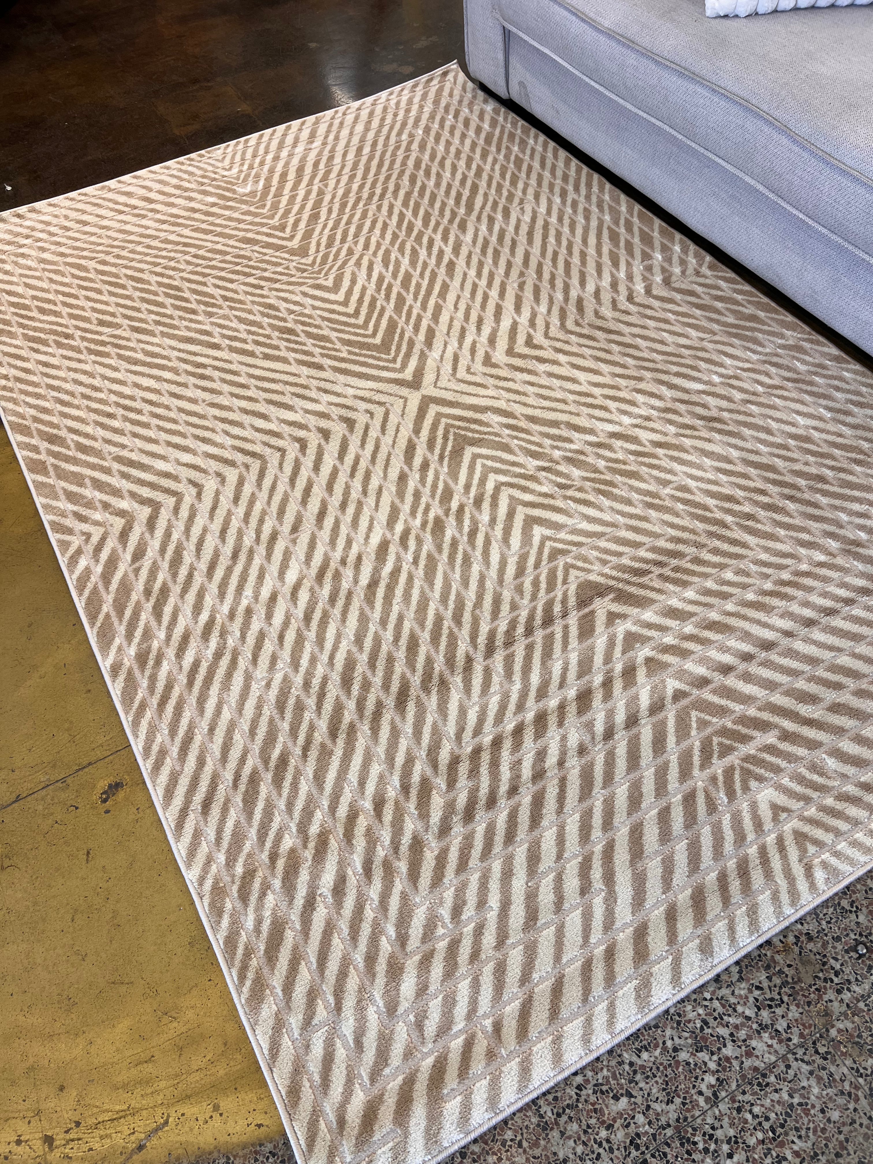 Mirage Geometrical Linear Rug in Sandy Beige with Warm Mocha Tone-on-Tone High-Low Detail - NUDE 25