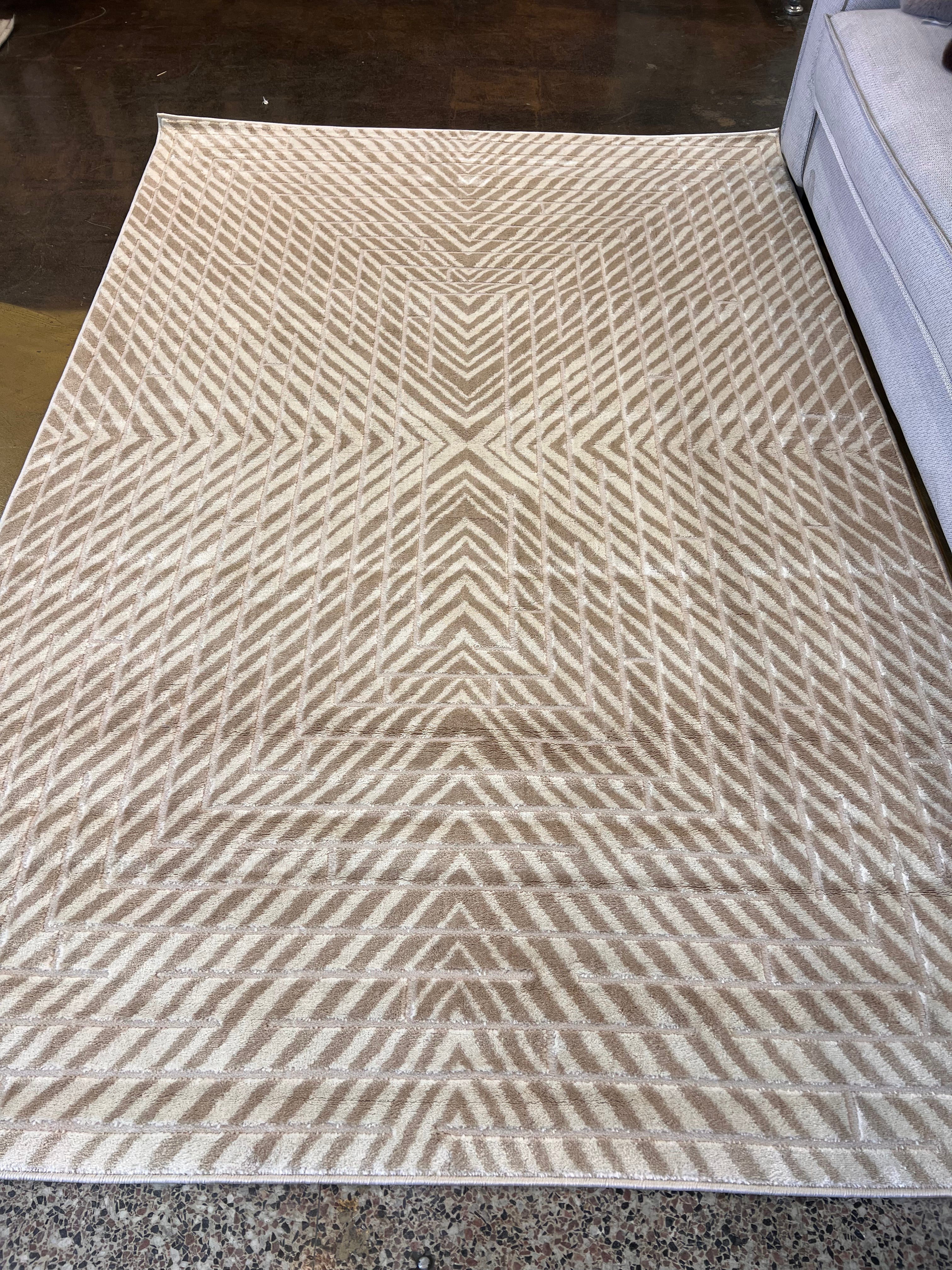 Mirage Geometrical Linear Rug in Sandy Beige with Warm Mocha Tone-on-Tone High-Low Detail - NUDE 25