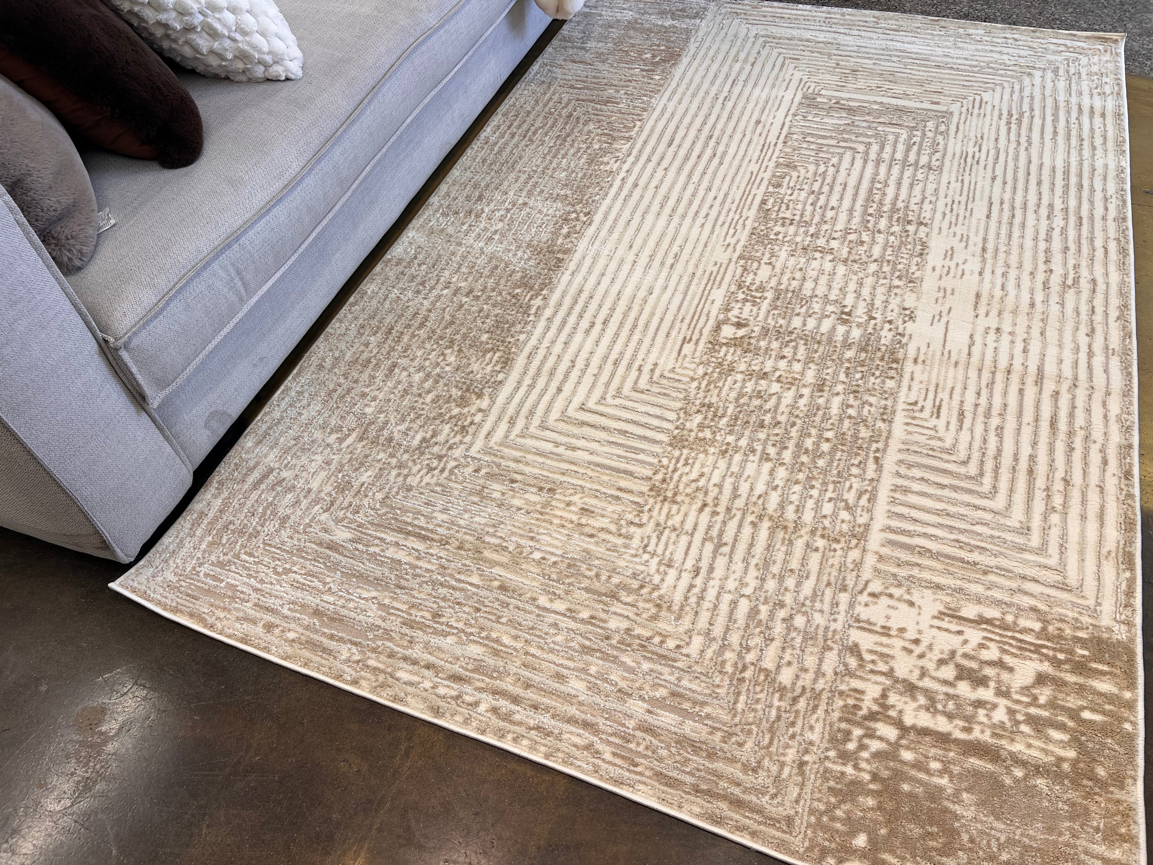 Geometric Linear Crème Beige Rug in Warm Mocha Tone-on-Tone High-Low Texture - NUDE 21