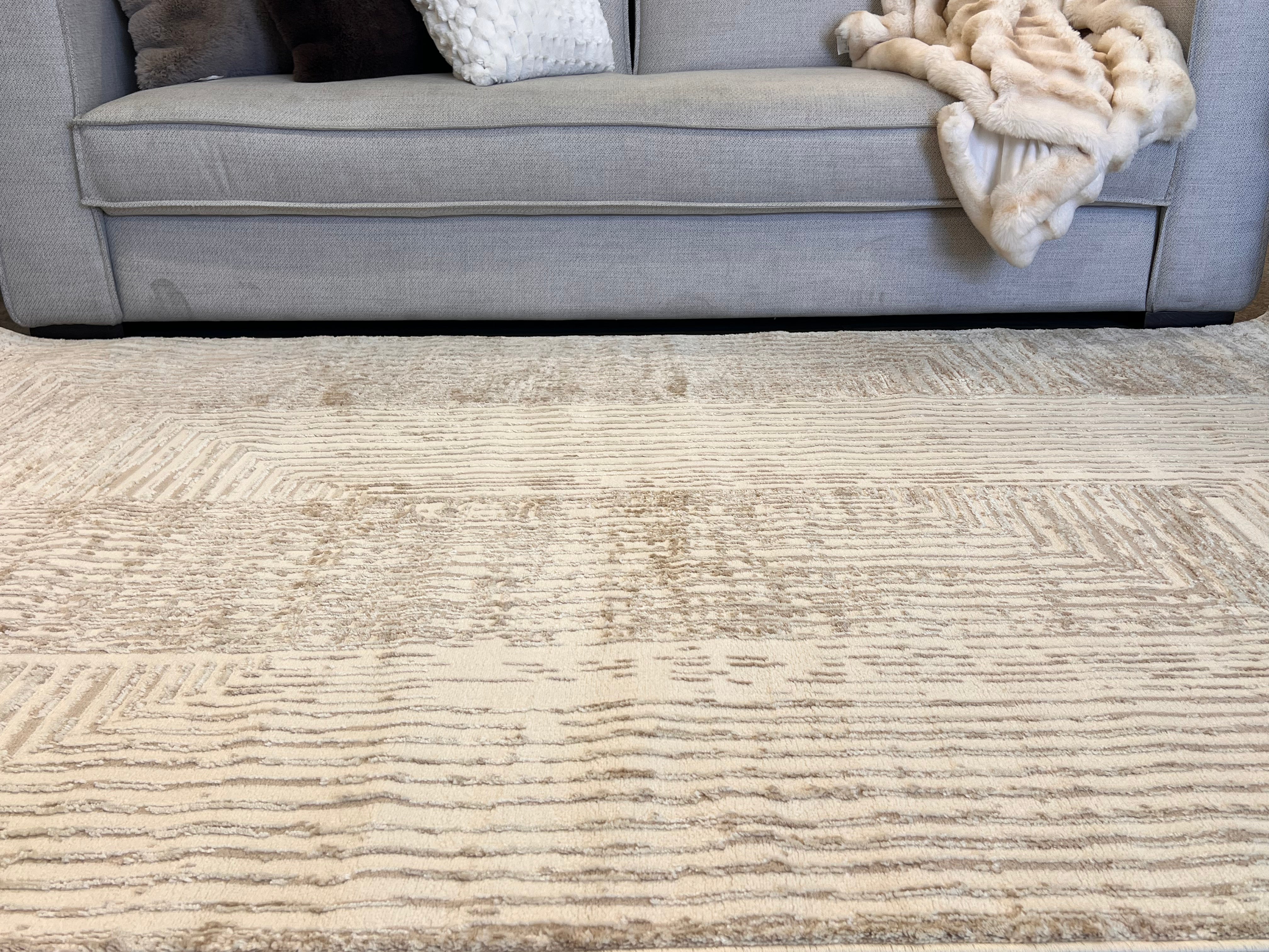 Geometric Linear Crème Beige Rug in Warm Mocha Tone-on-Tone High-Low Texture - NUDE 21