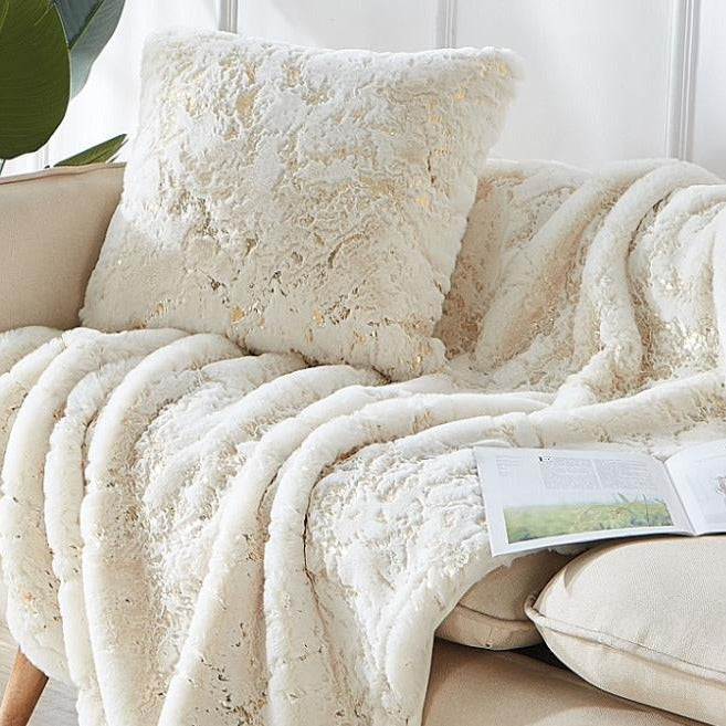 Golden Faux Fur Glow Fluffy Pillow with Shimmery Foil Illuminating Effect