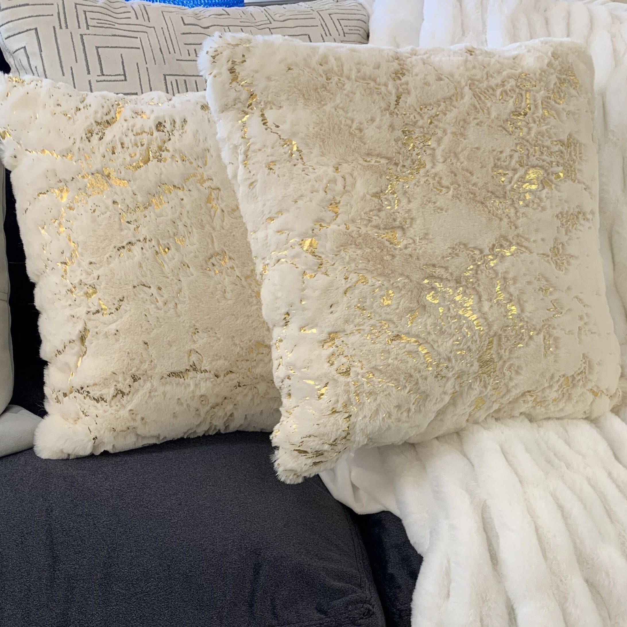 Golden Faux Fur Glow Fluffy Pillow with Shimmery Foil Illuminating Effect
