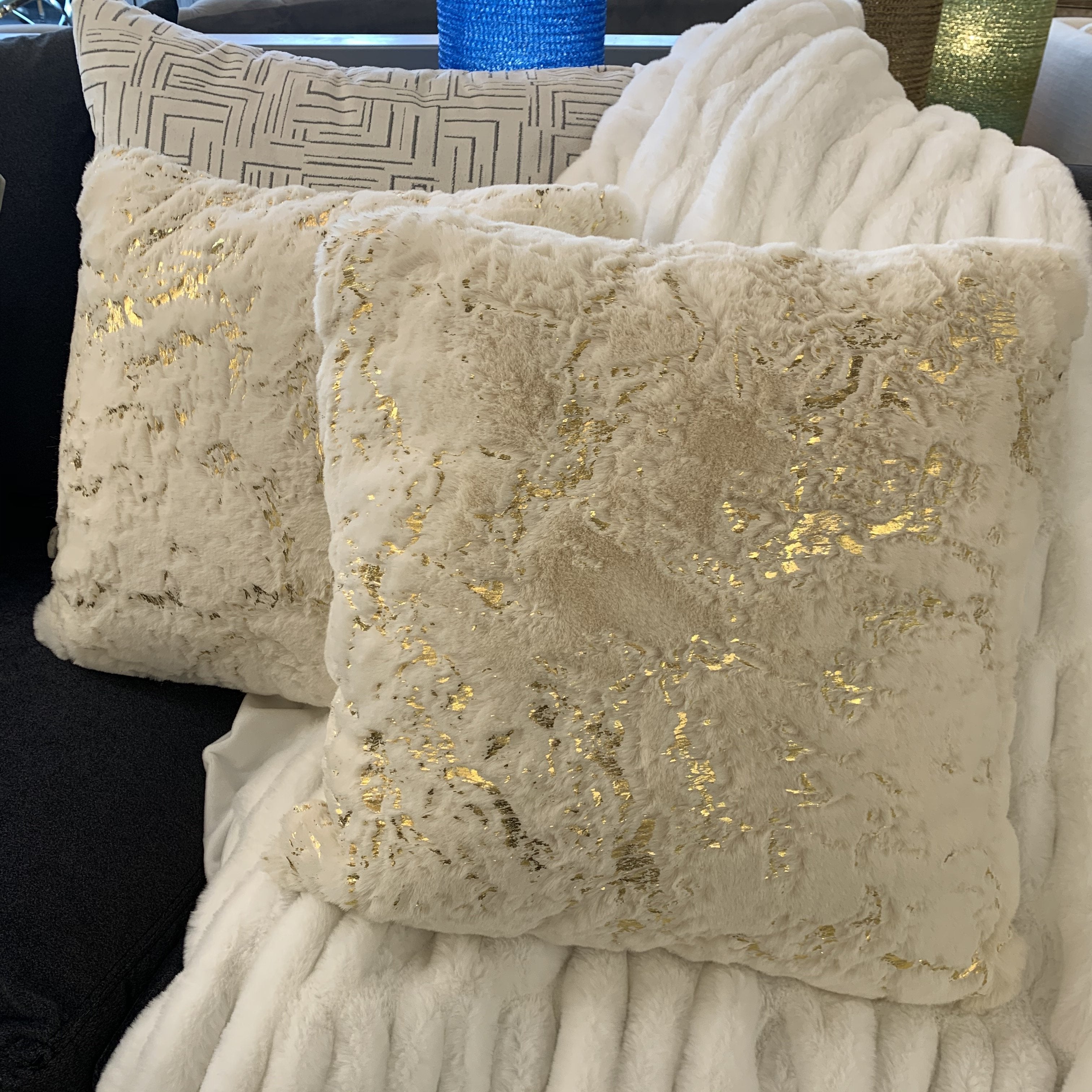 Golden Faux Fur Glow Fluffy Pillow with Shimmery Foil Illuminating Effect