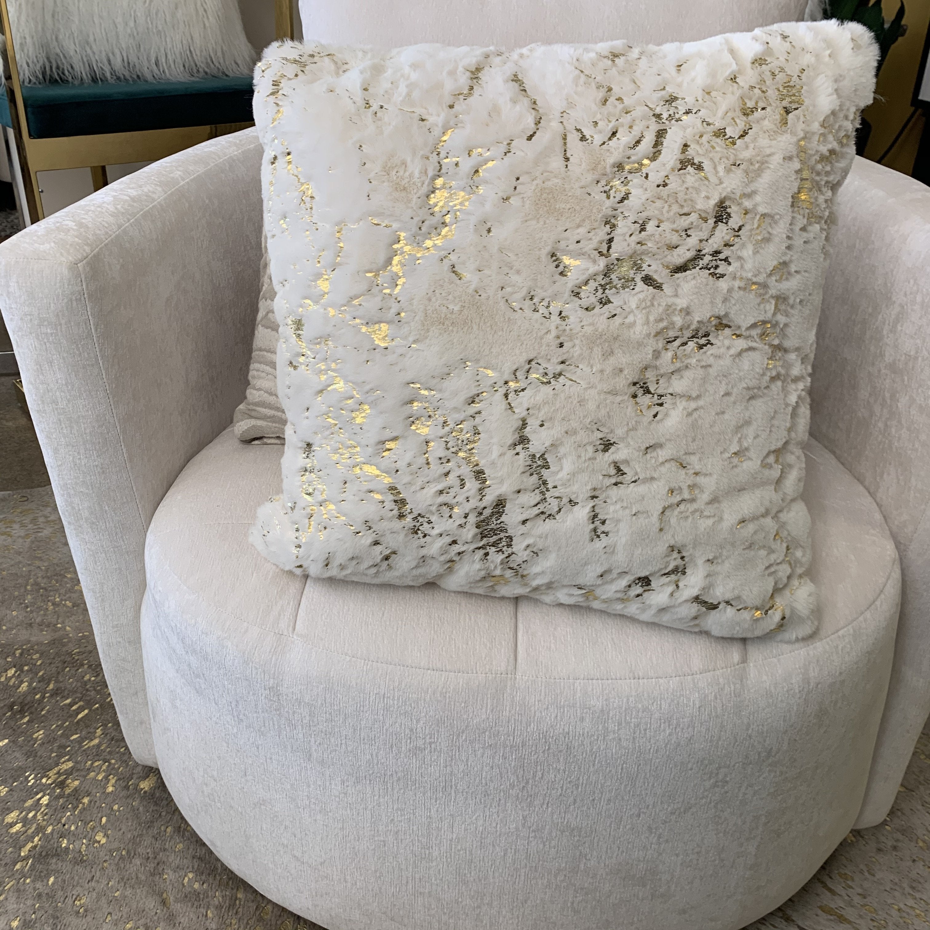 Golden Faux Fur Glow Fluffy Pillow with Shimmery Foil Illuminating Effect
