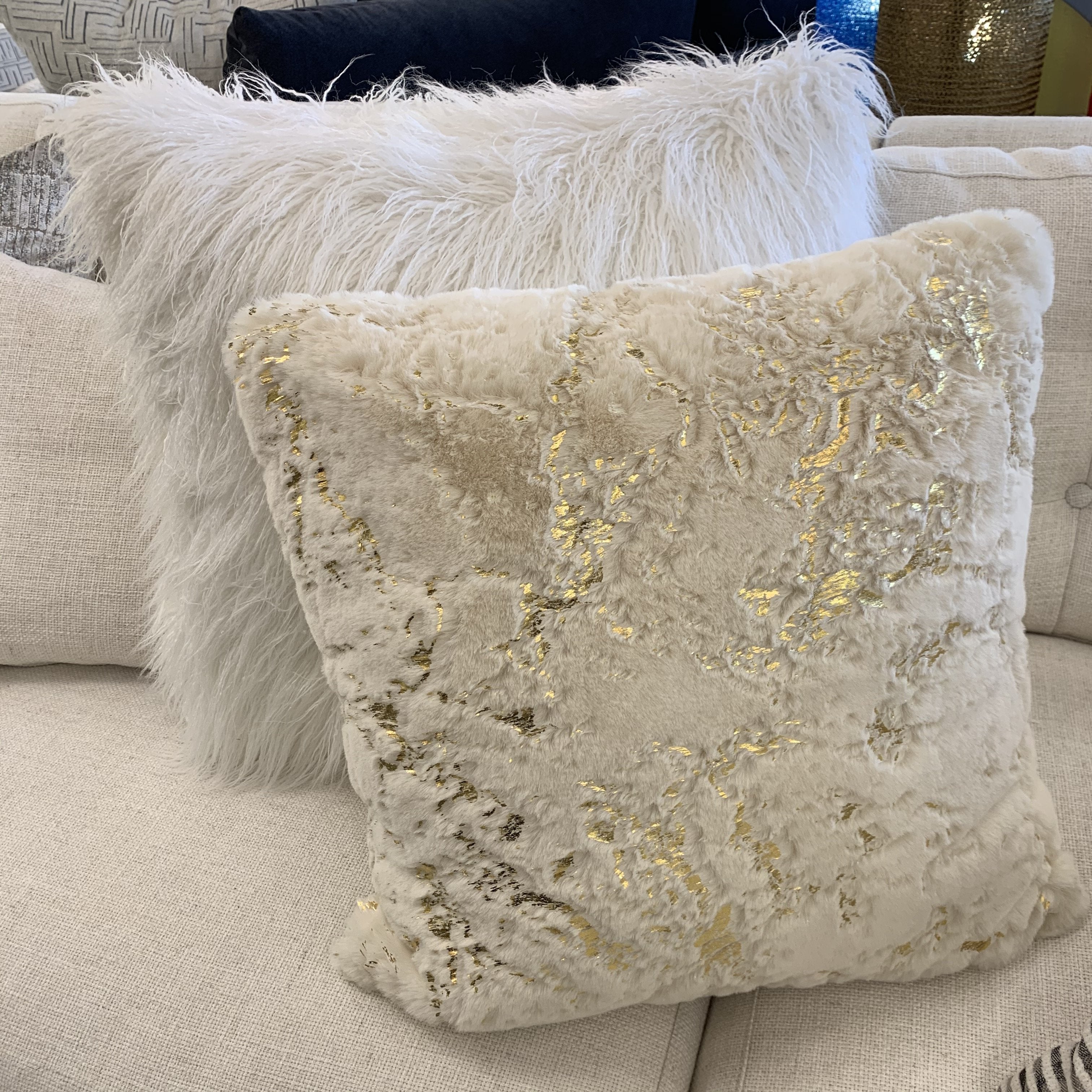 Golden Faux Fur Glow Fluffy Pillow with Shimmery Foil Illuminating Effect