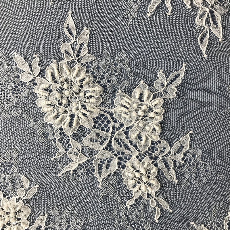 Beaded Chantilly Embroidered Lace Fabric with Eyelash Scallop - 3 Yards | Lace USA - 68136W-BP