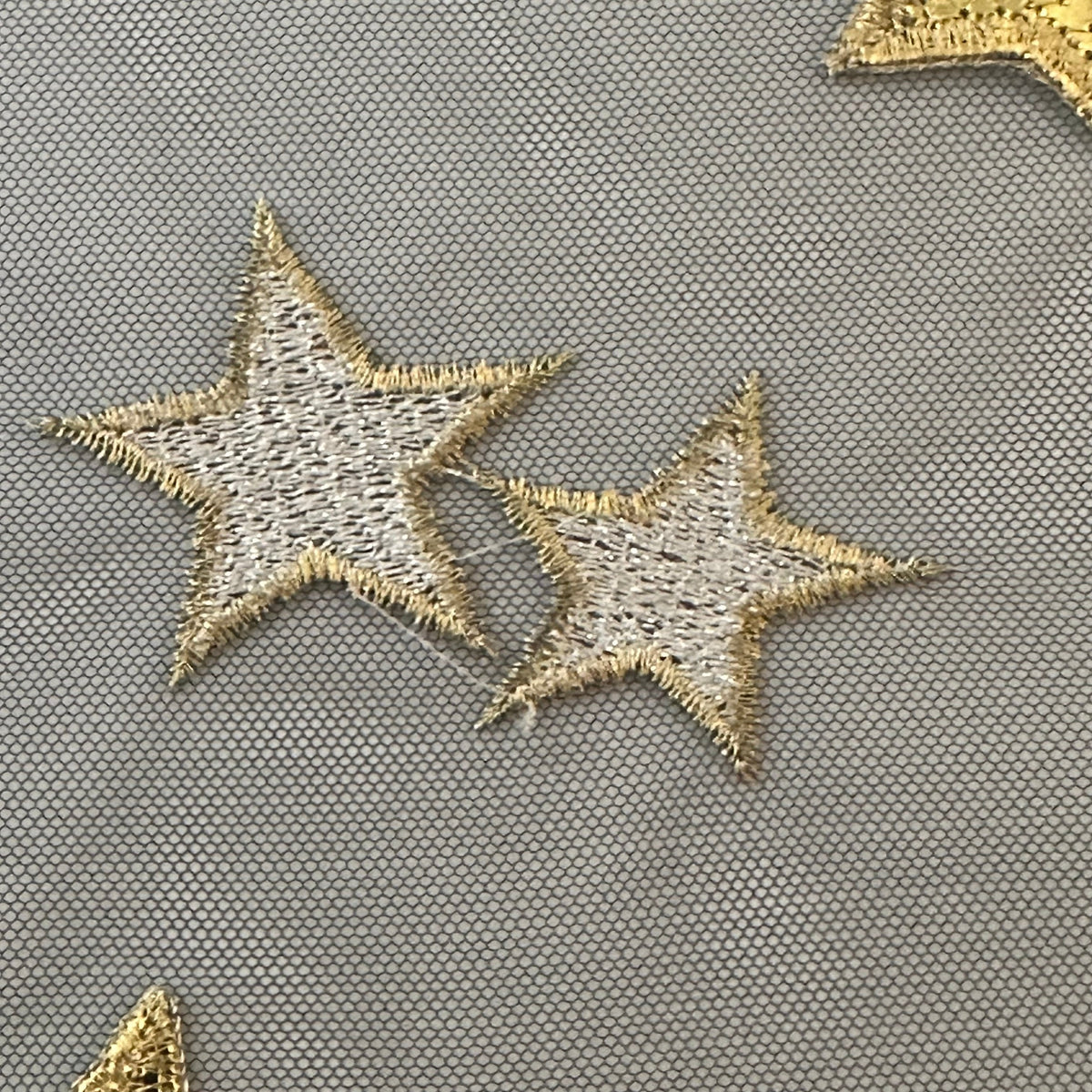 Embroidered Celestial Moon-Star Tulle Polyester Fabric| Spandex Palace
