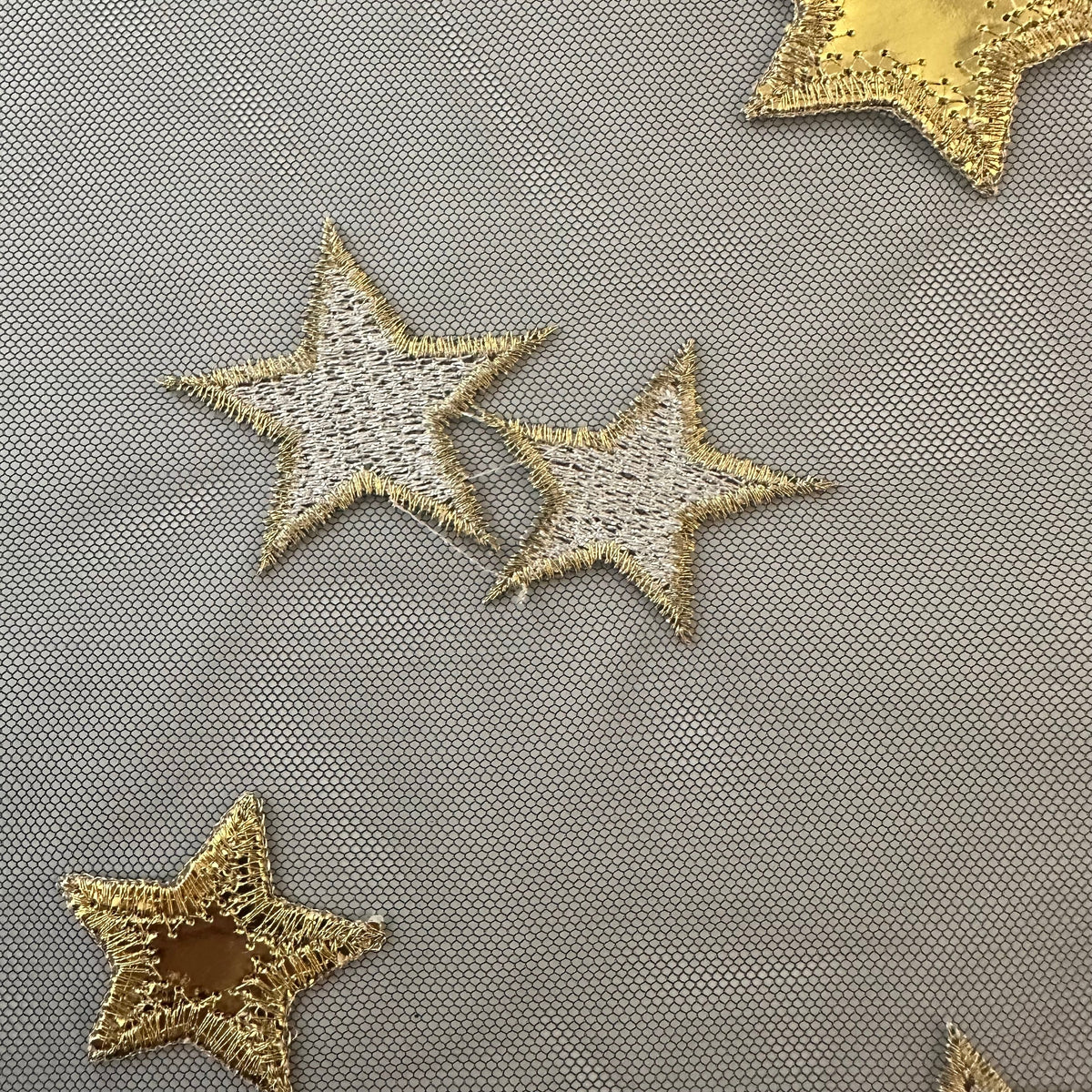 Embroidered Celestial Moon-Star Tulle Polyester Fabric| Spandex Palace