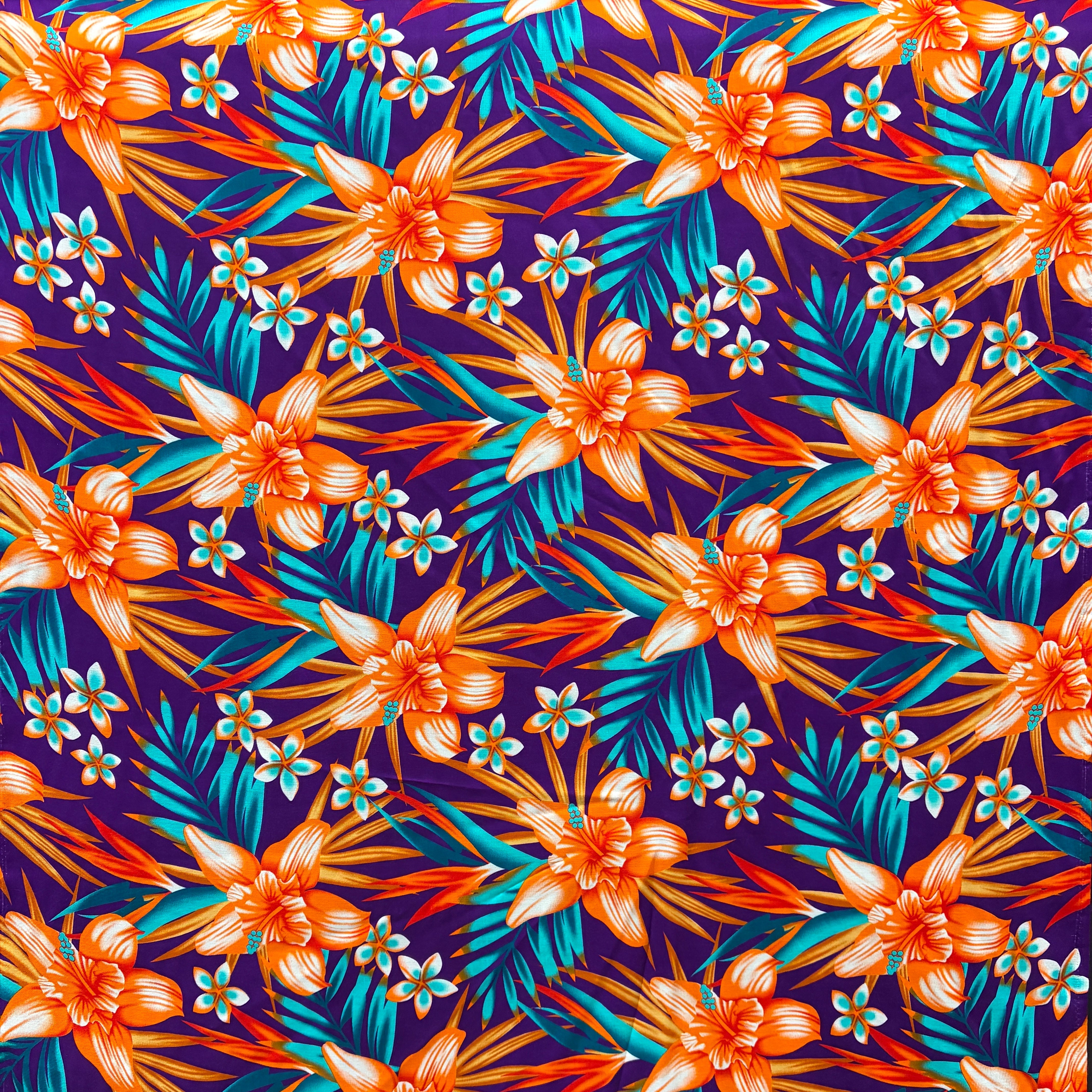 Hippeastrum Plumeria Birds of Paradise Palm leaves Fabric | Rayon