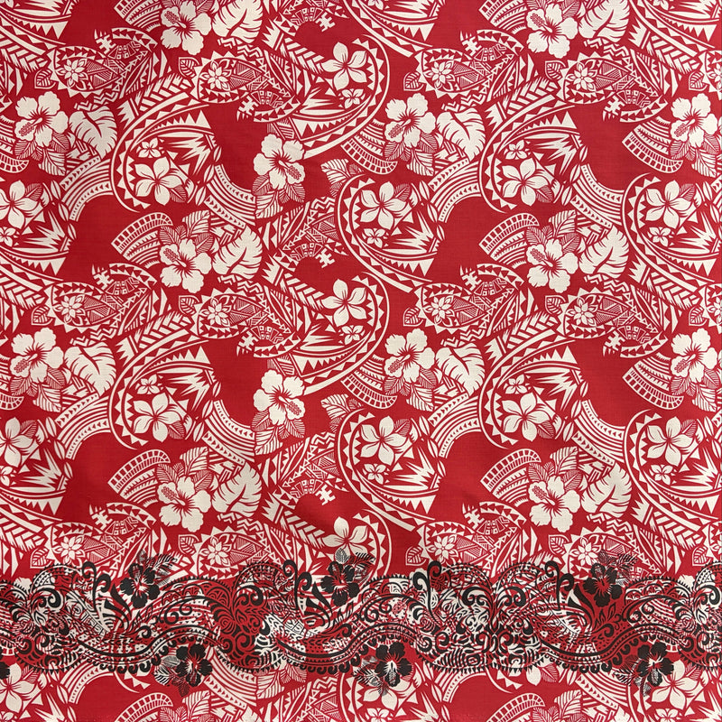 Polynesian Hibiscus & Plumeria Flowers Traditional Tattoo Single Border Poly-Cotton Fabric | Islands Fabric