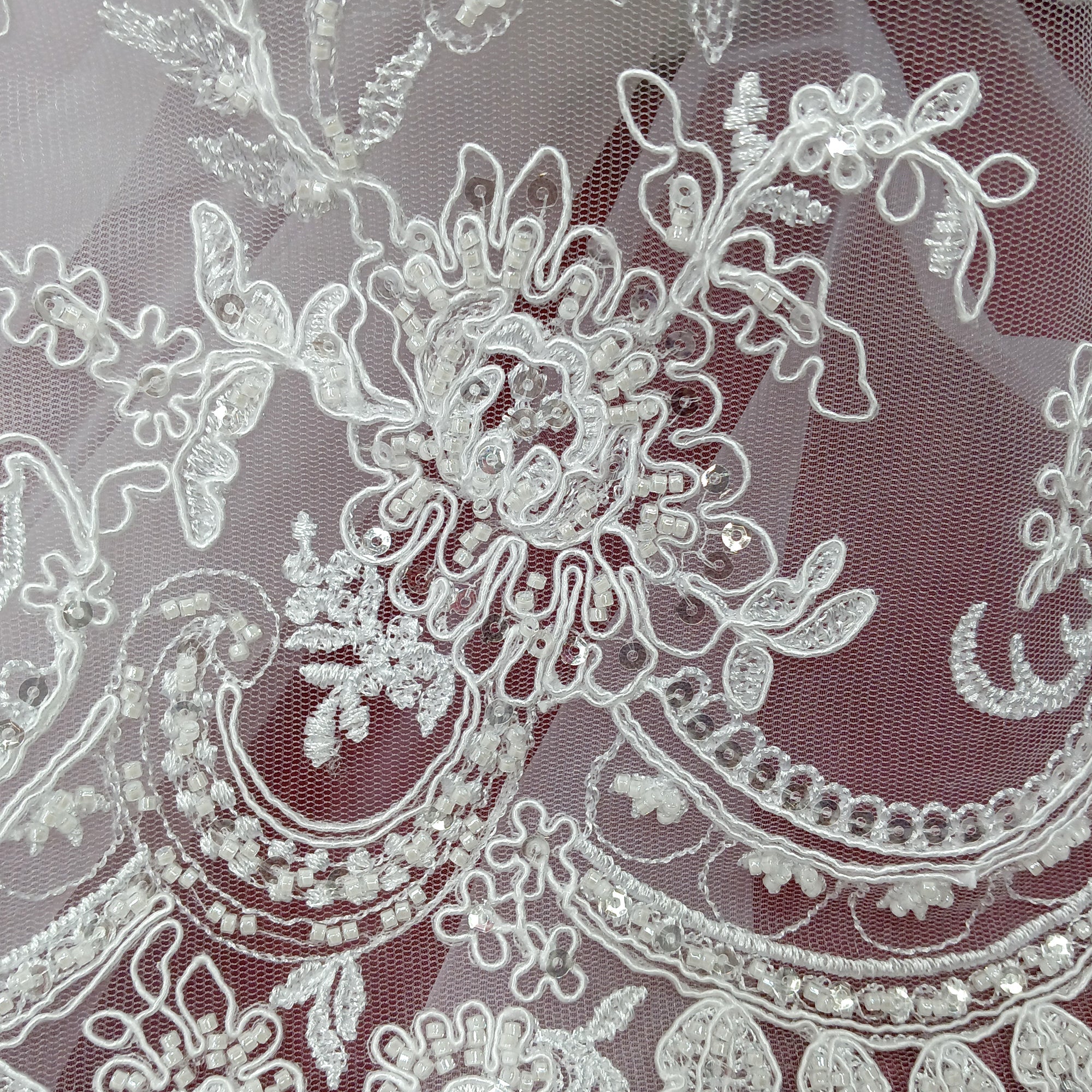 Beaded & Corded Bridal Fabric Lace Embroidered on 100% Polyester Net Mesh | Lace USA - 96979W-HB