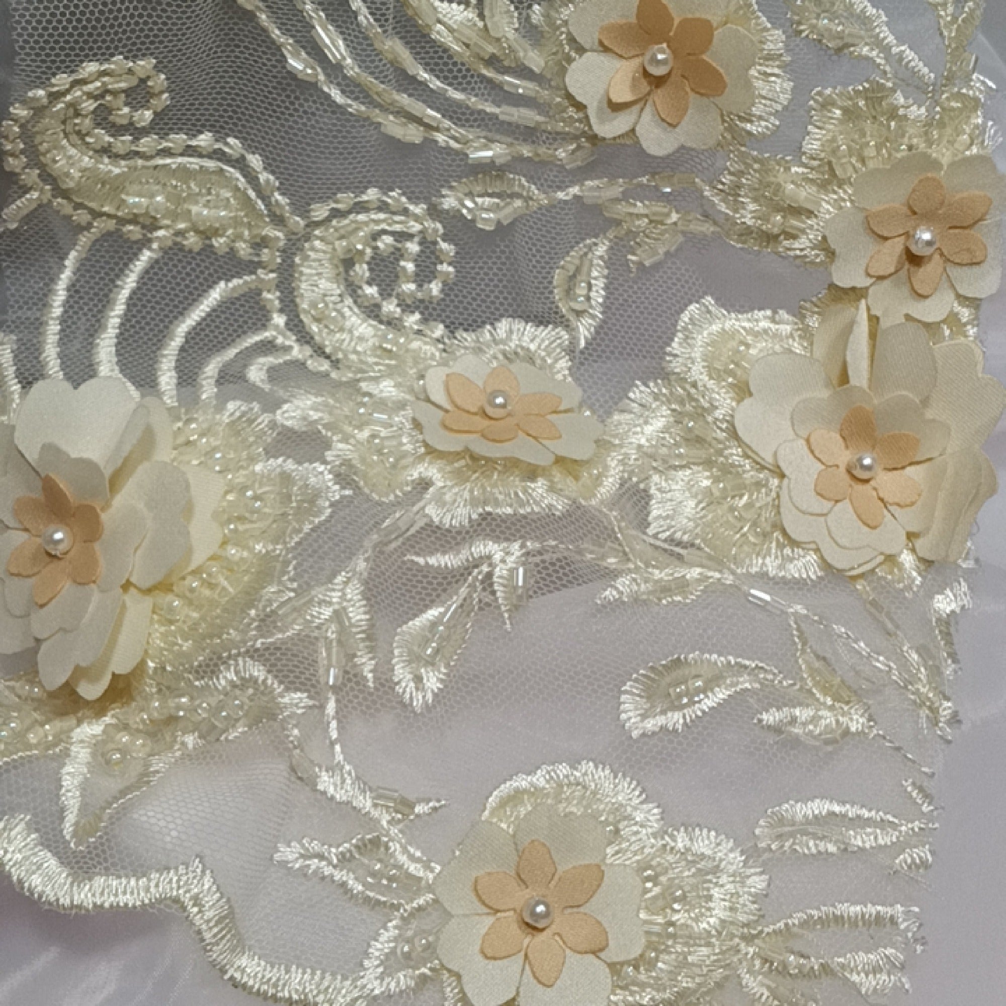 Beaded 3D Floral Lace Fabric Embroidered on 100% Polyester Net Mesh | Lace USA - GD-1836