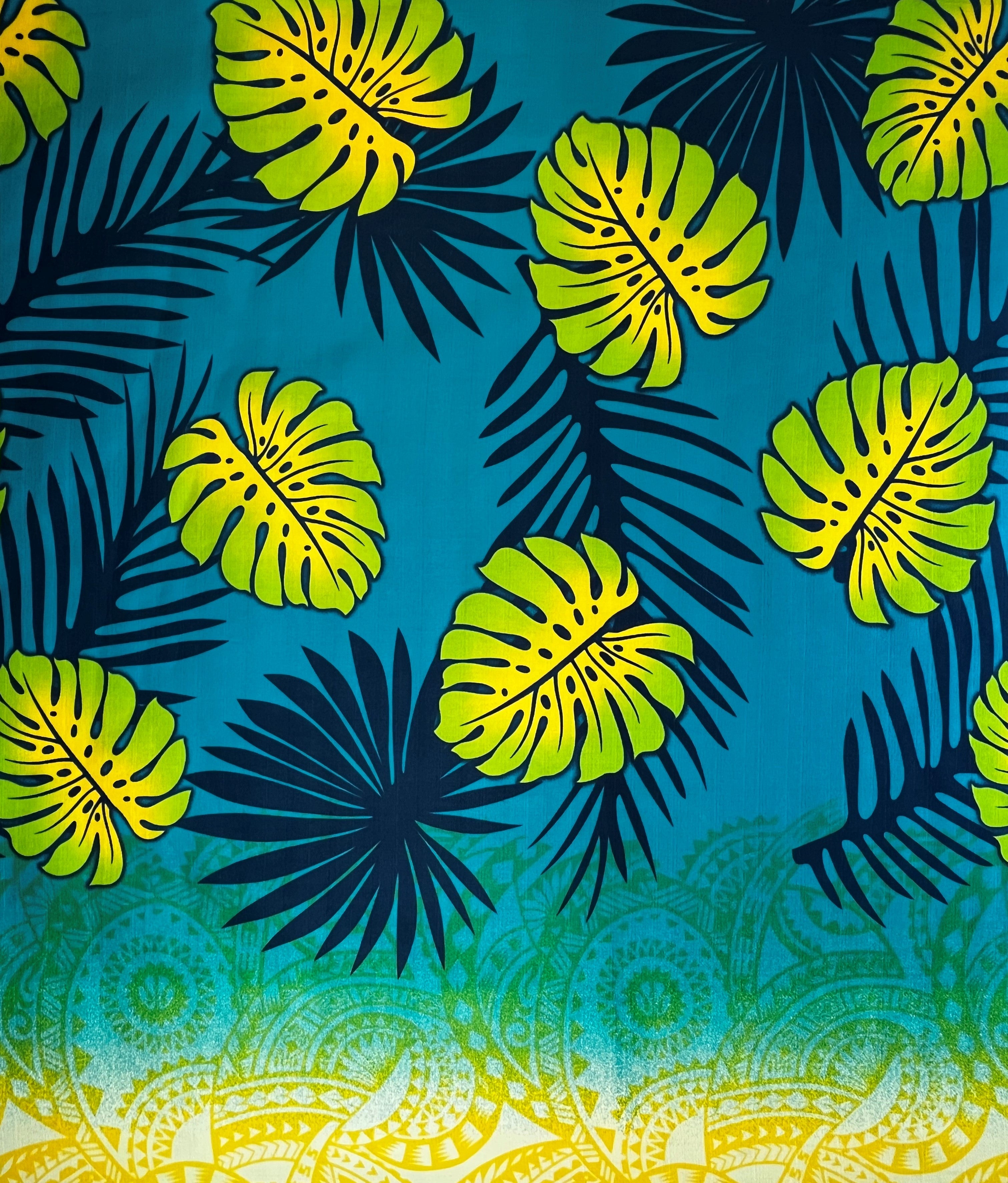Monstera Palm Leaves Traditional Tattoo Border Fabric | Light Barkcloth