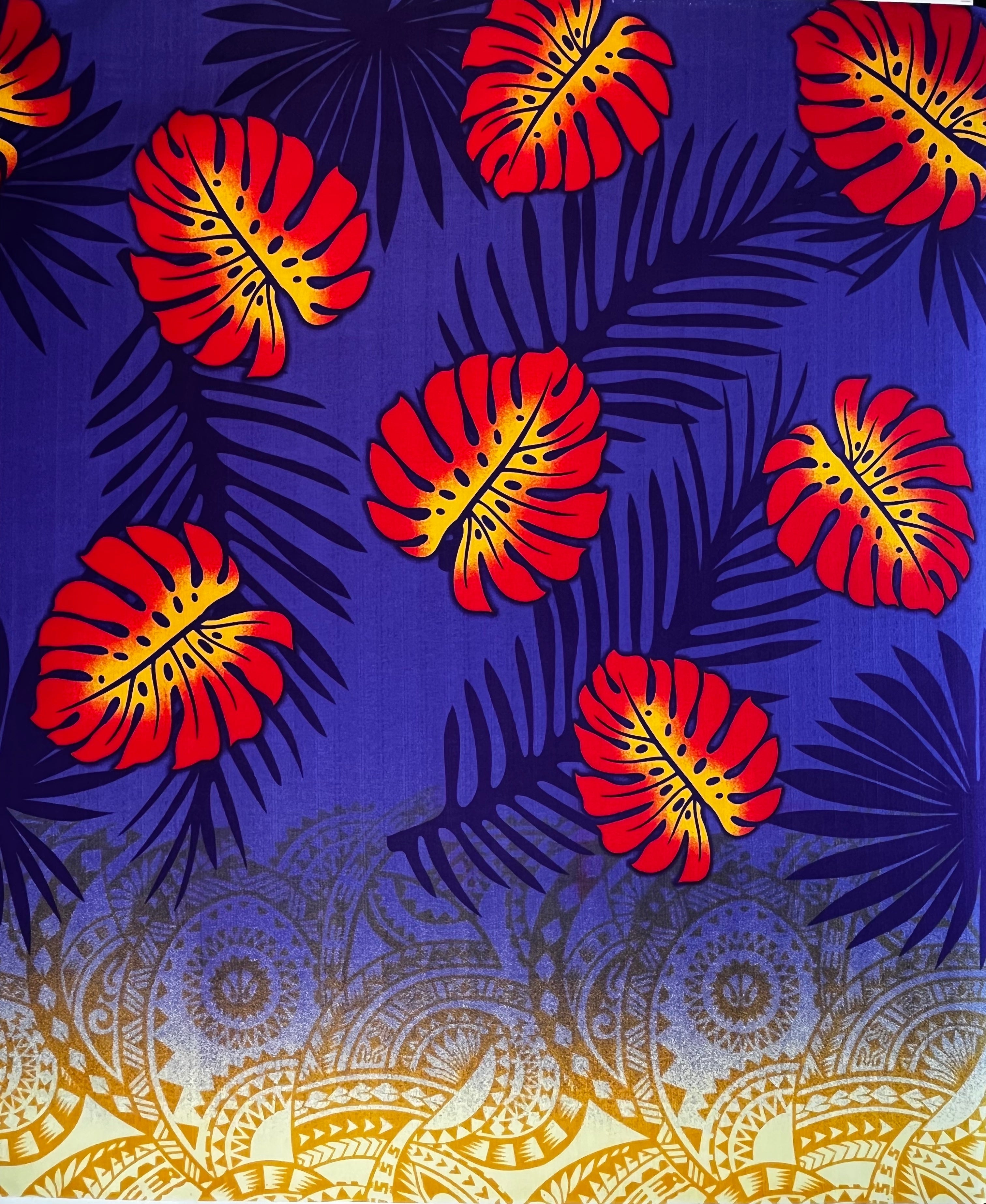 Monstera Palm Leaves Traditional Tattoo Border Fabric | Light Barkcloth