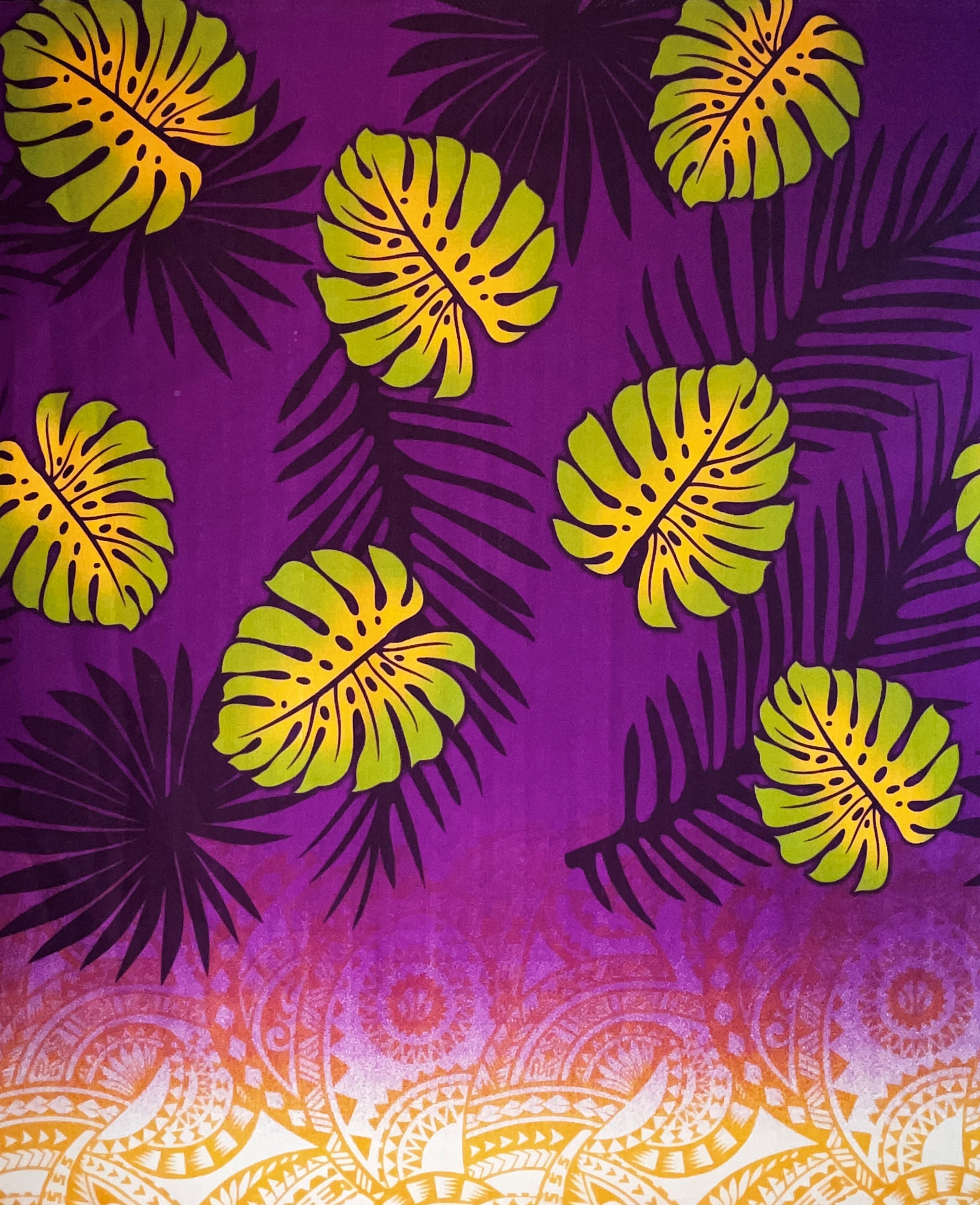 Monstera Palm Leaves Traditional Tattoo Border Fabric | Light Barkcloth