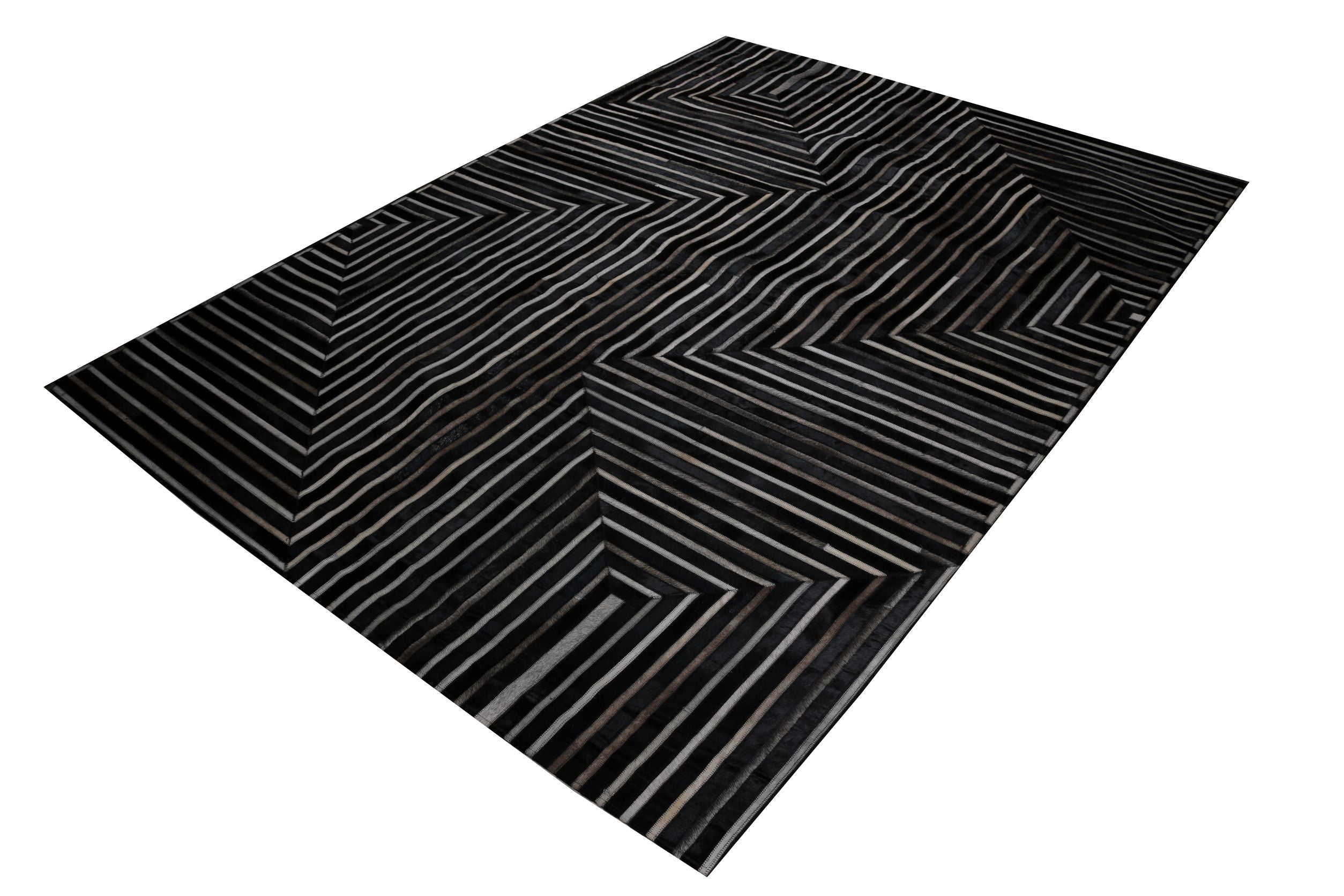 Geometric Earth-Tone Cowhide Rug – Black Base with Brown, Ivory & Grey Patchwork - Patchwork PCH212 Black