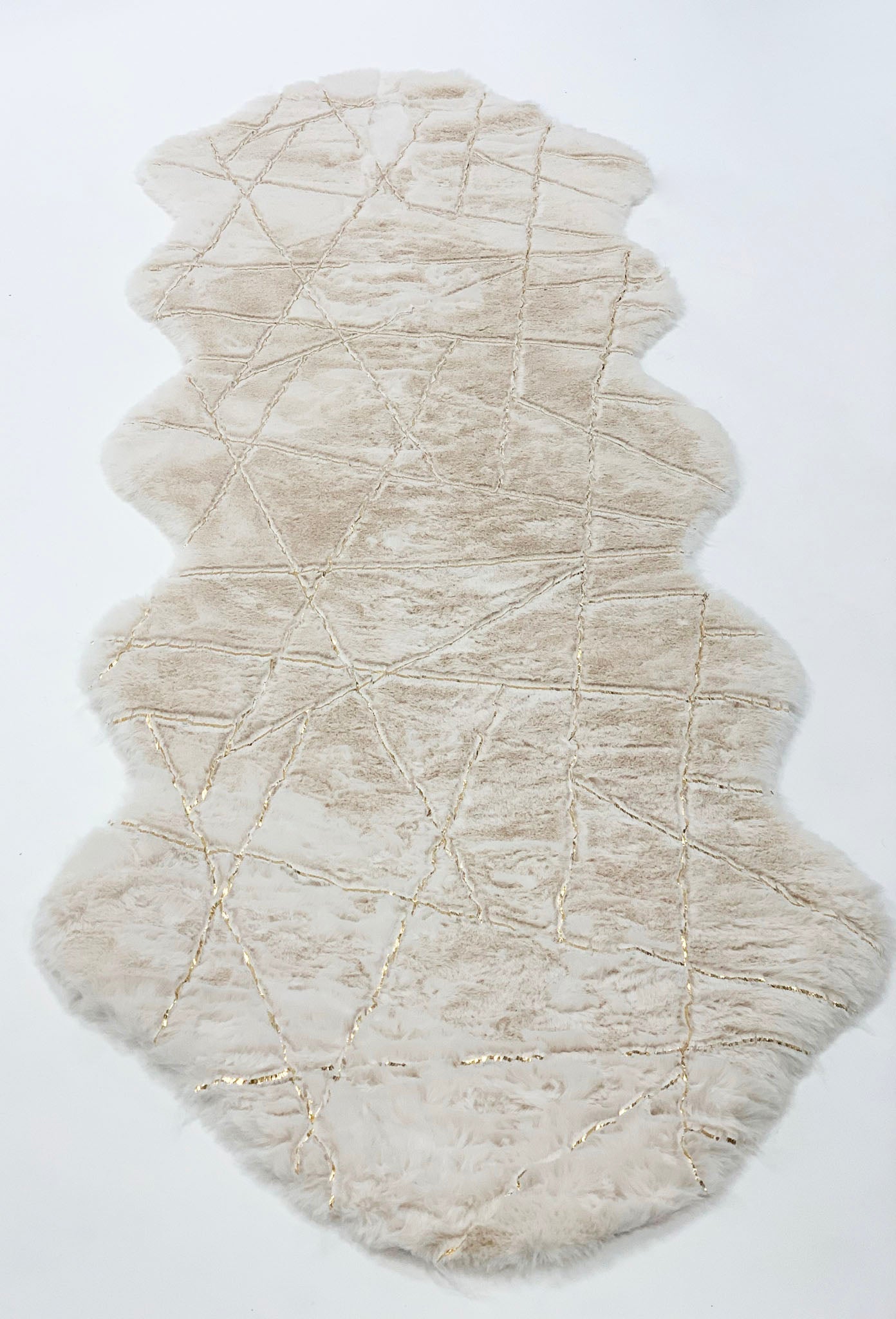 White with Golden Metallic Lines Faux Rabbit Touch Rugs/Carpet