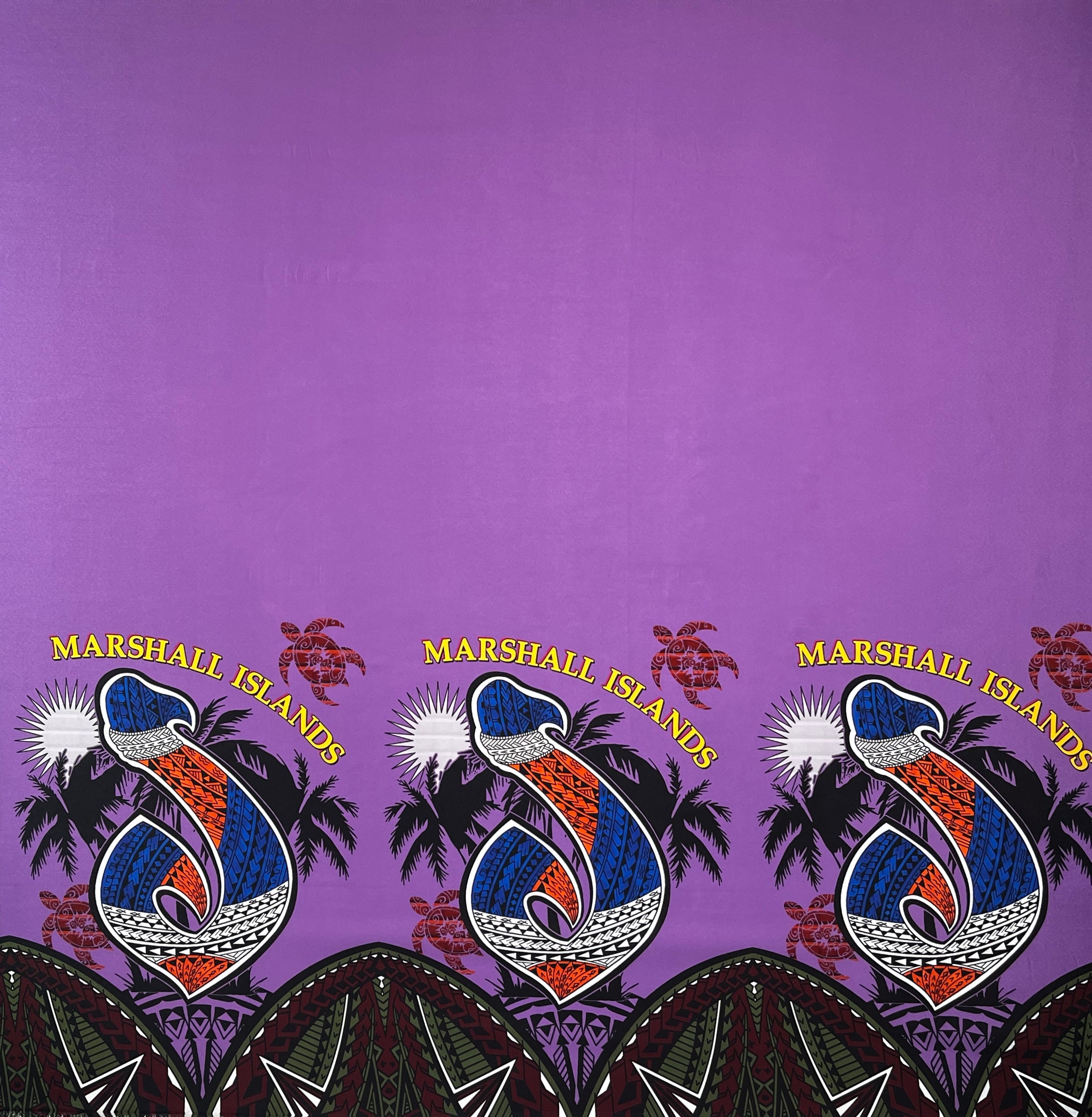 Marshall Islands Hook Palm Trees Sea Turtles Single Border Fabric  | Peachskin