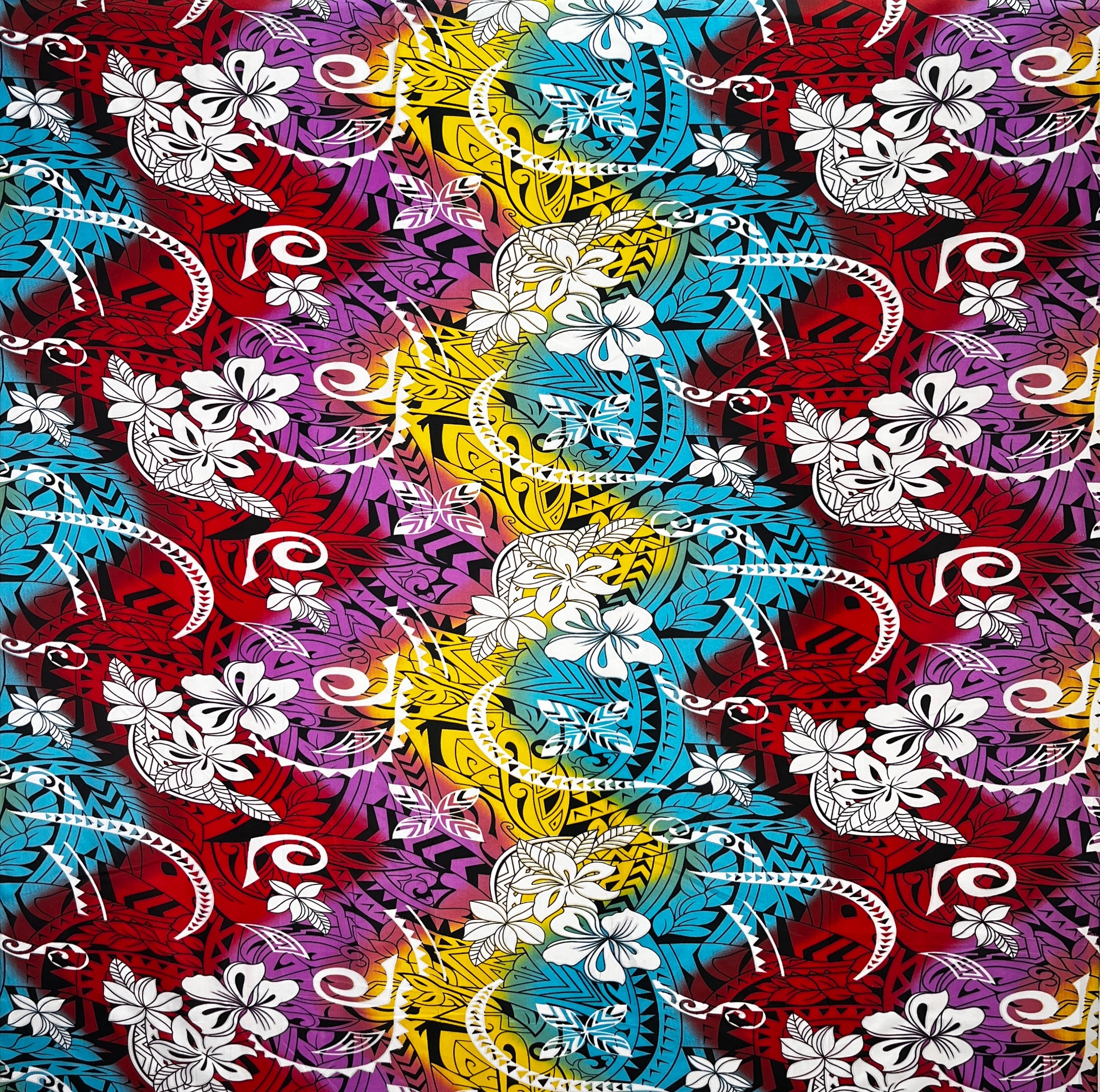 Multicolored Traditional Tattoo & Plumeria design Fabric  | Polyester