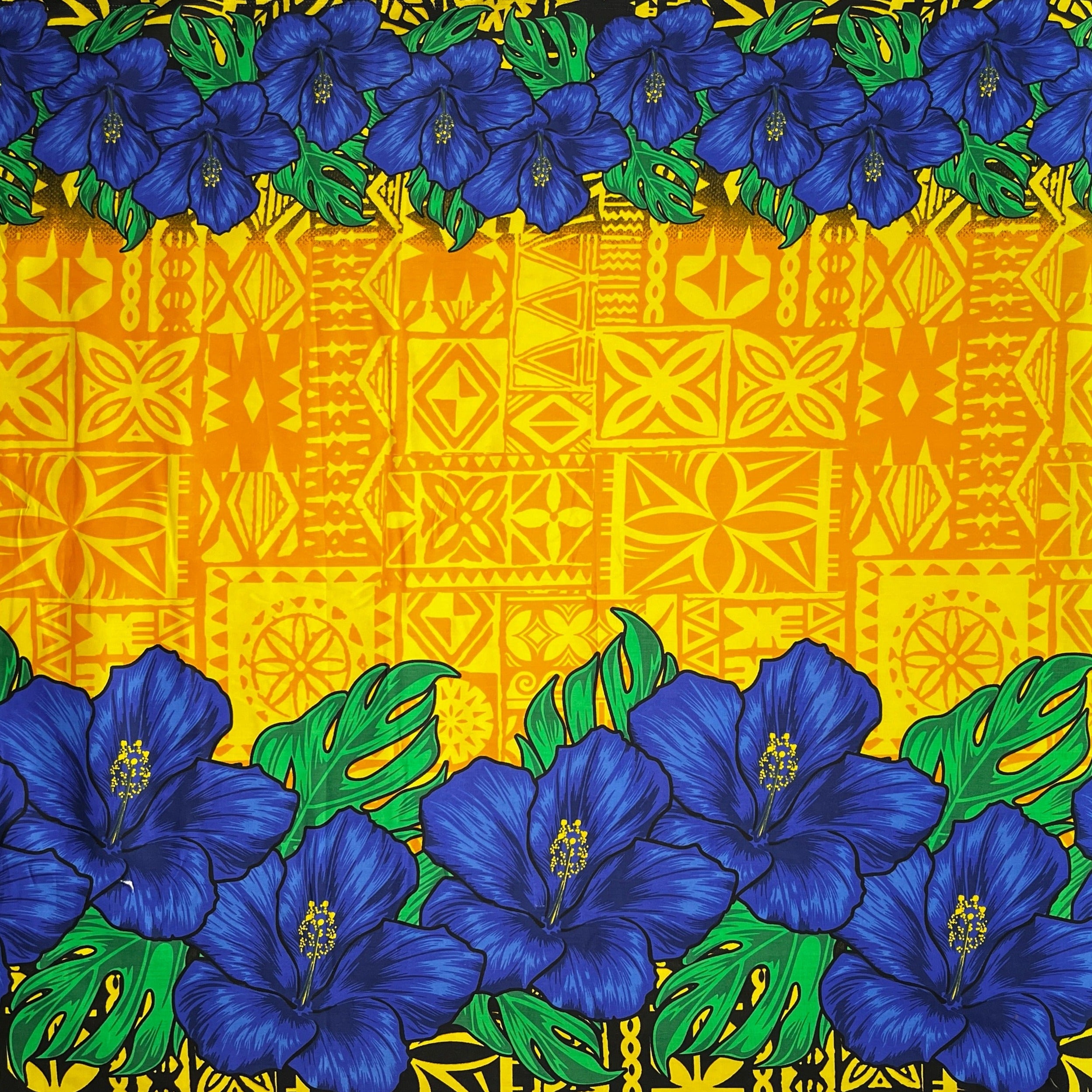 Tapa Hibiscus Flowers Double Border Cotton Poplin Fabric | Islands Fabric