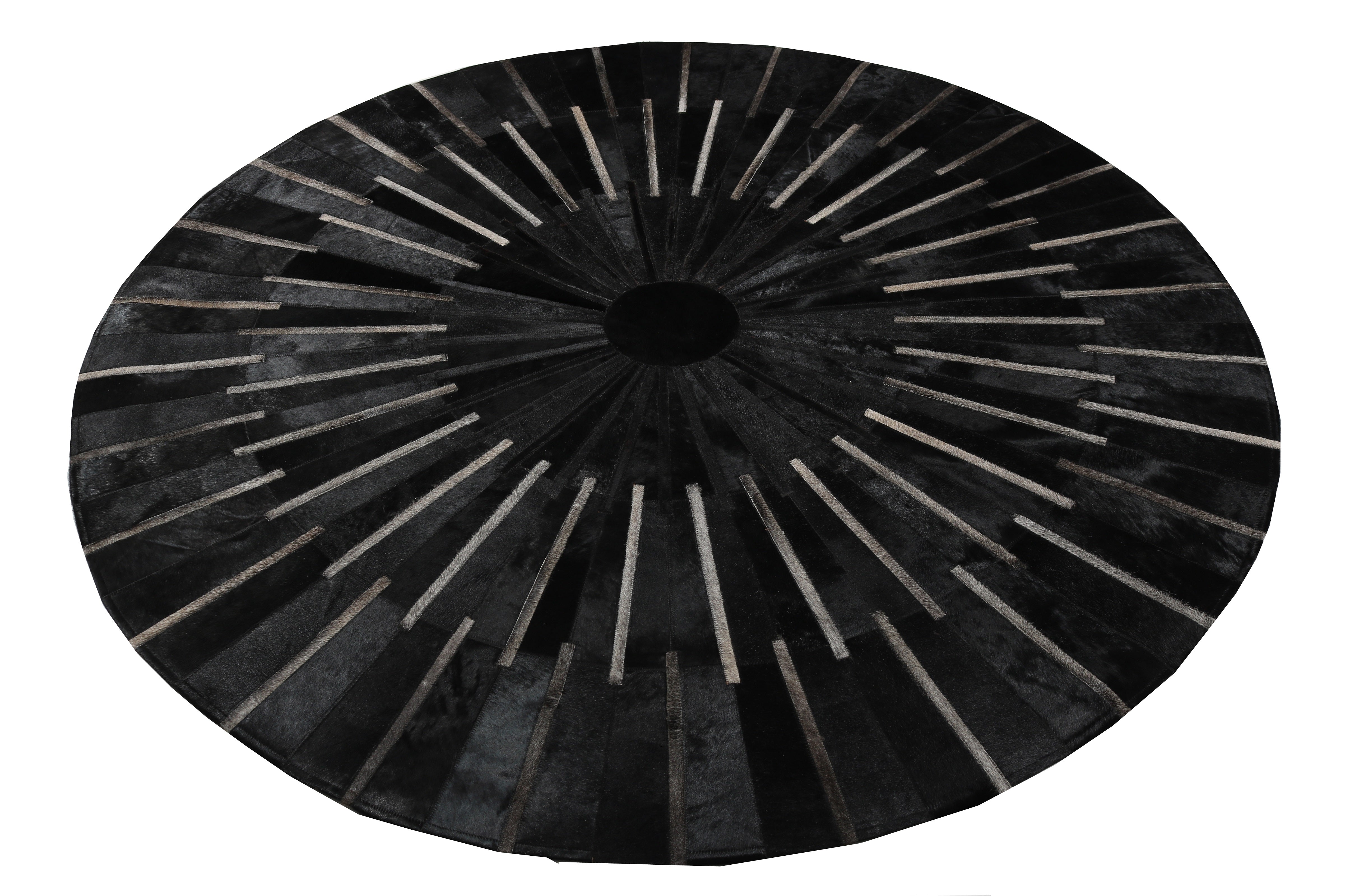 Geometric Round Cowhide Patchwork Rug – Black with Charcoal Stripes - Patchwork PCH216 Round