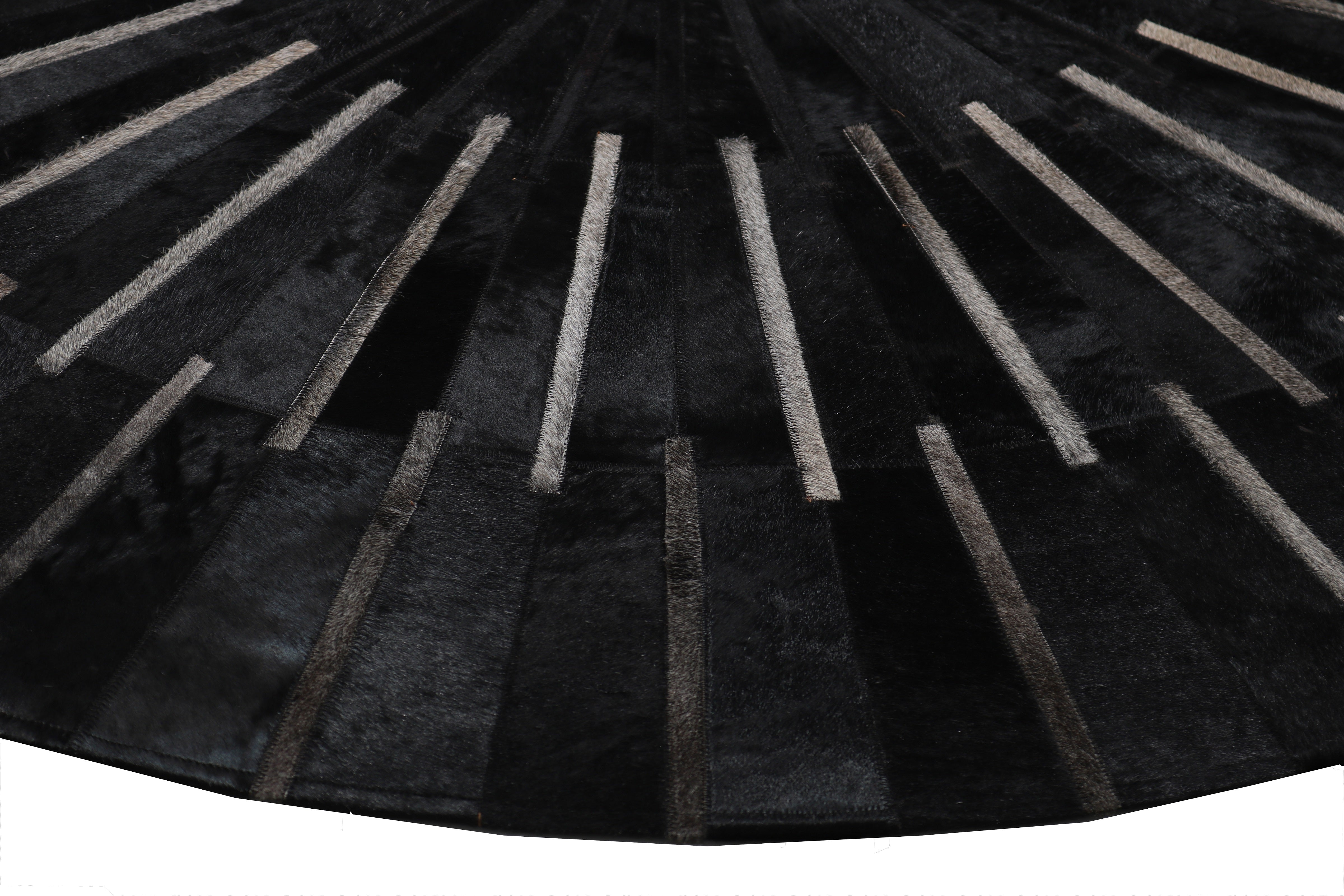 Geometric Round Cowhide Patchwork Rug – Black with Charcoal Stripes - Patchwork PCH216 Round