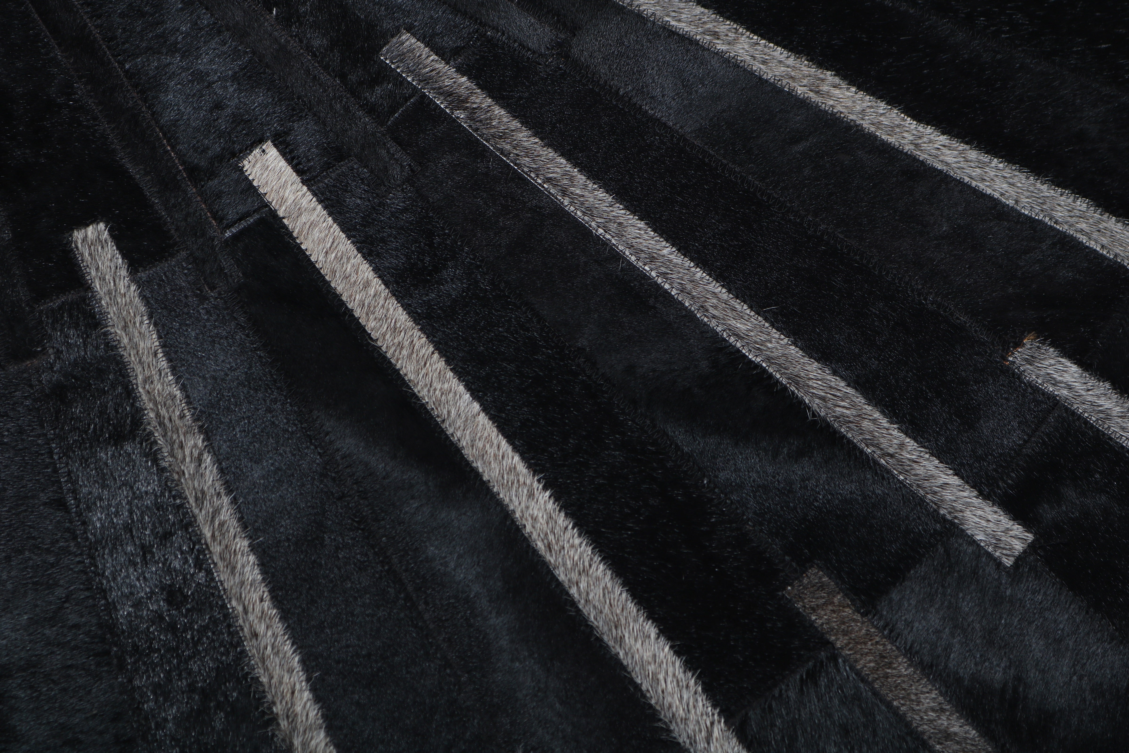 Geometric Round Cowhide Patchwork Rug – Black with Charcoal Stripes - Patchwork PCH216 Round