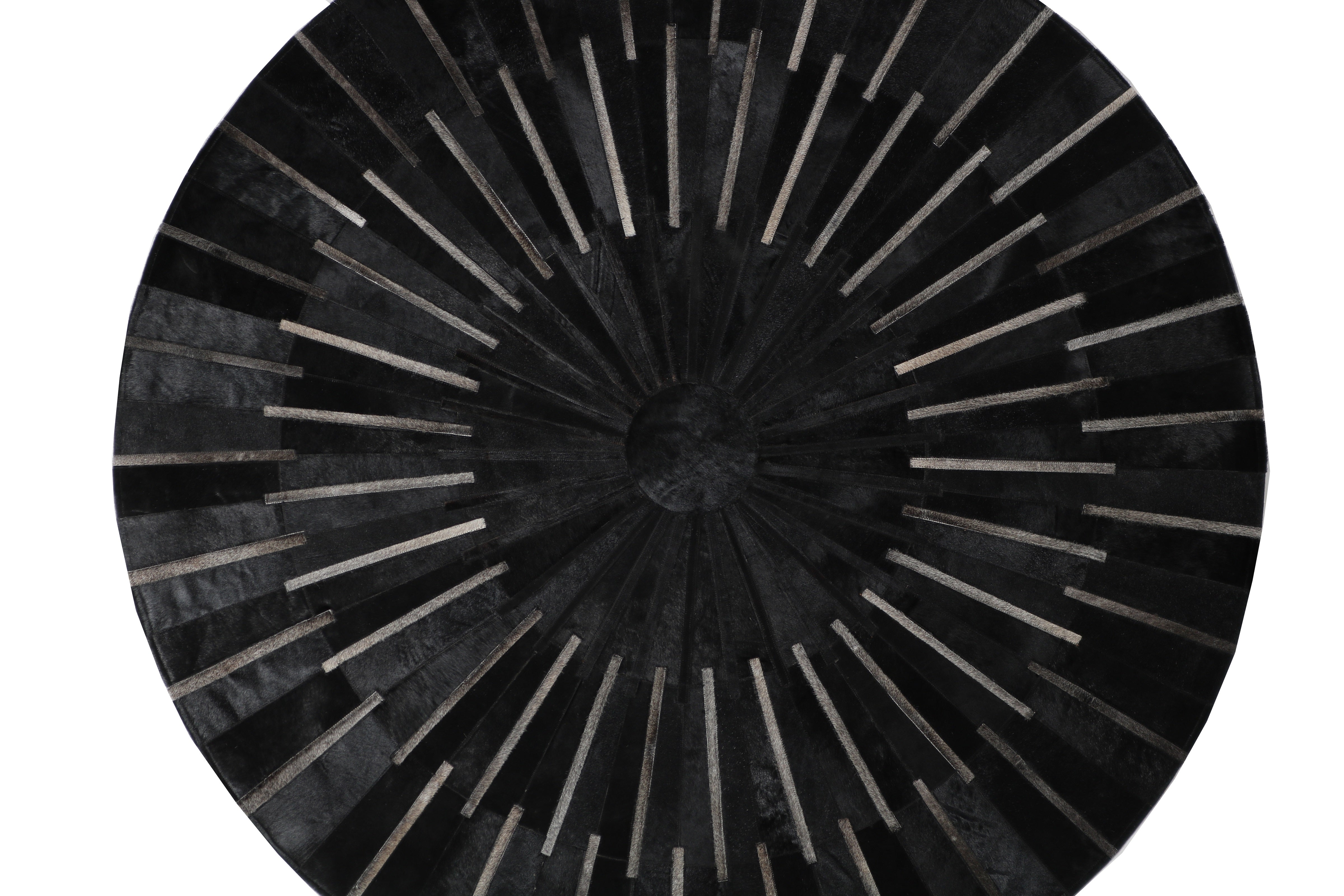 Geometric Round Cowhide Patchwork Rug – Black with Charcoal Stripes - Patchwork PCH216 Round