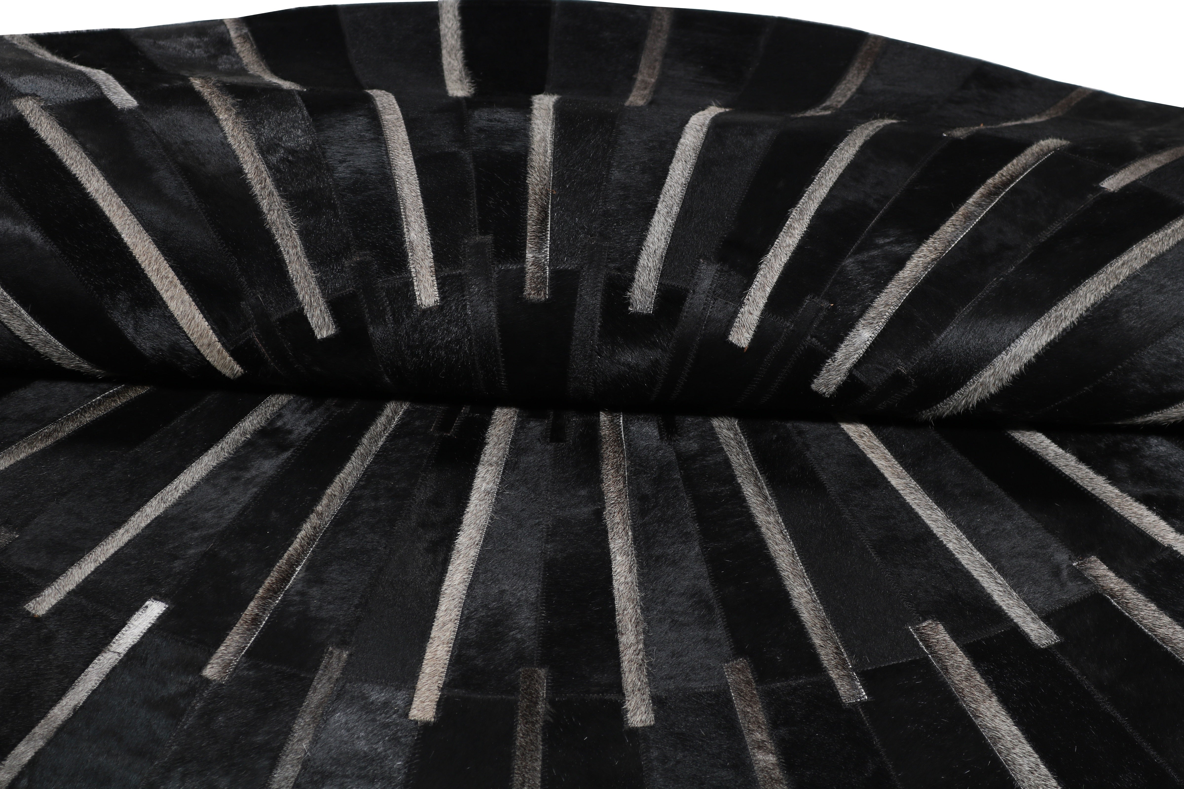 Geometric Round Cowhide Patchwork Rug – Black with Charcoal Stripes - Patchwork PCH216 Round