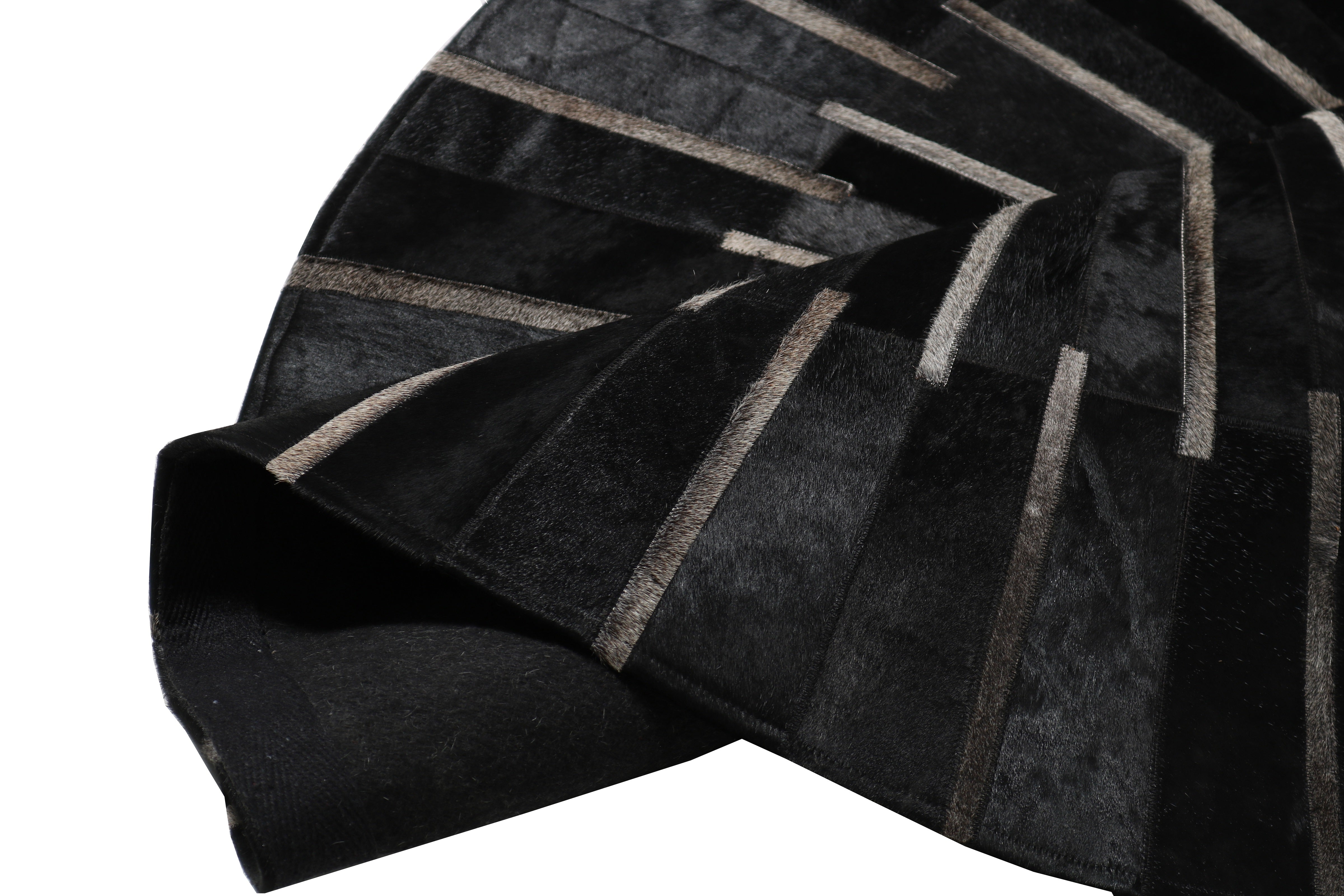 Geometric Round Cowhide Patchwork Rug – Black with Charcoal Stripes - Patchwork PCH216 Round
