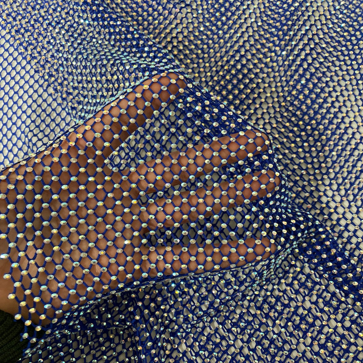 Serene Iridescent Rhinestone Fishnet Lace Fabric