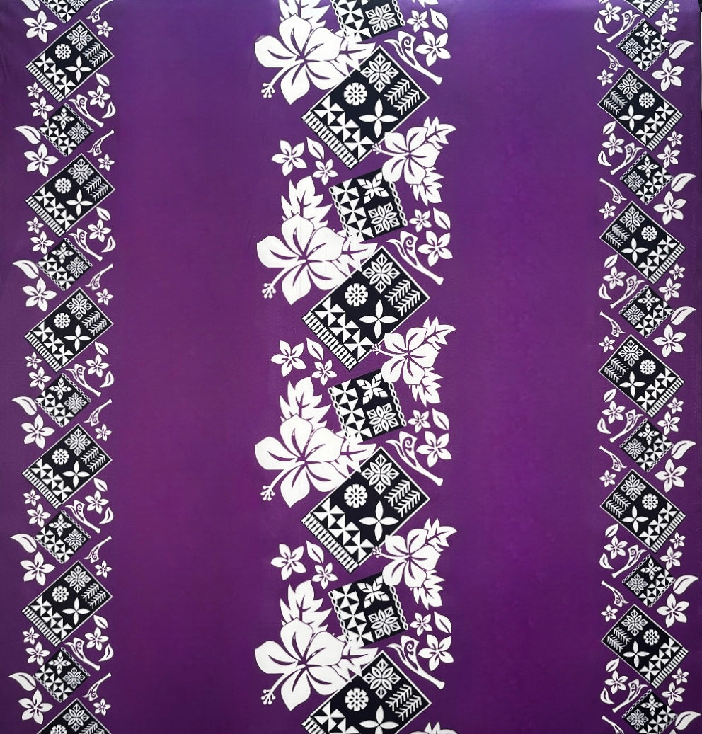 Hibiscus Tropical Leaves w/ Patches of Traditional Tapa Double Border Fabric | Polyester