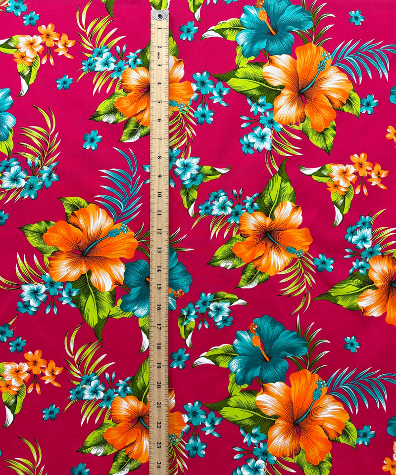 Hibiscus Palm Leaves Cluster All Over design Cotton Fabric | Islands Fabric