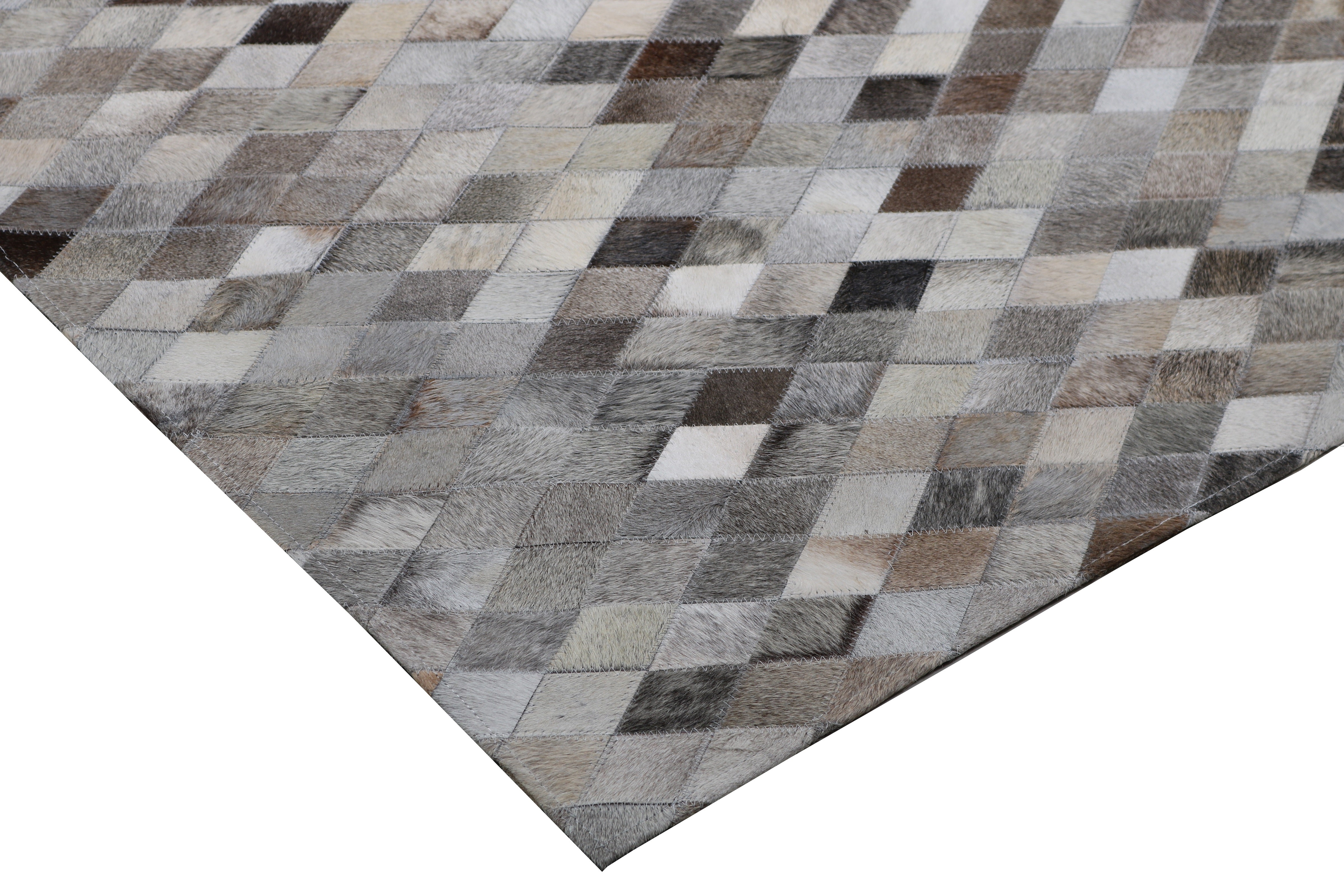 Geometric Cowhide Patchwork Rug – Brown & Cream Diamond Pattern - Patchwork PCH224