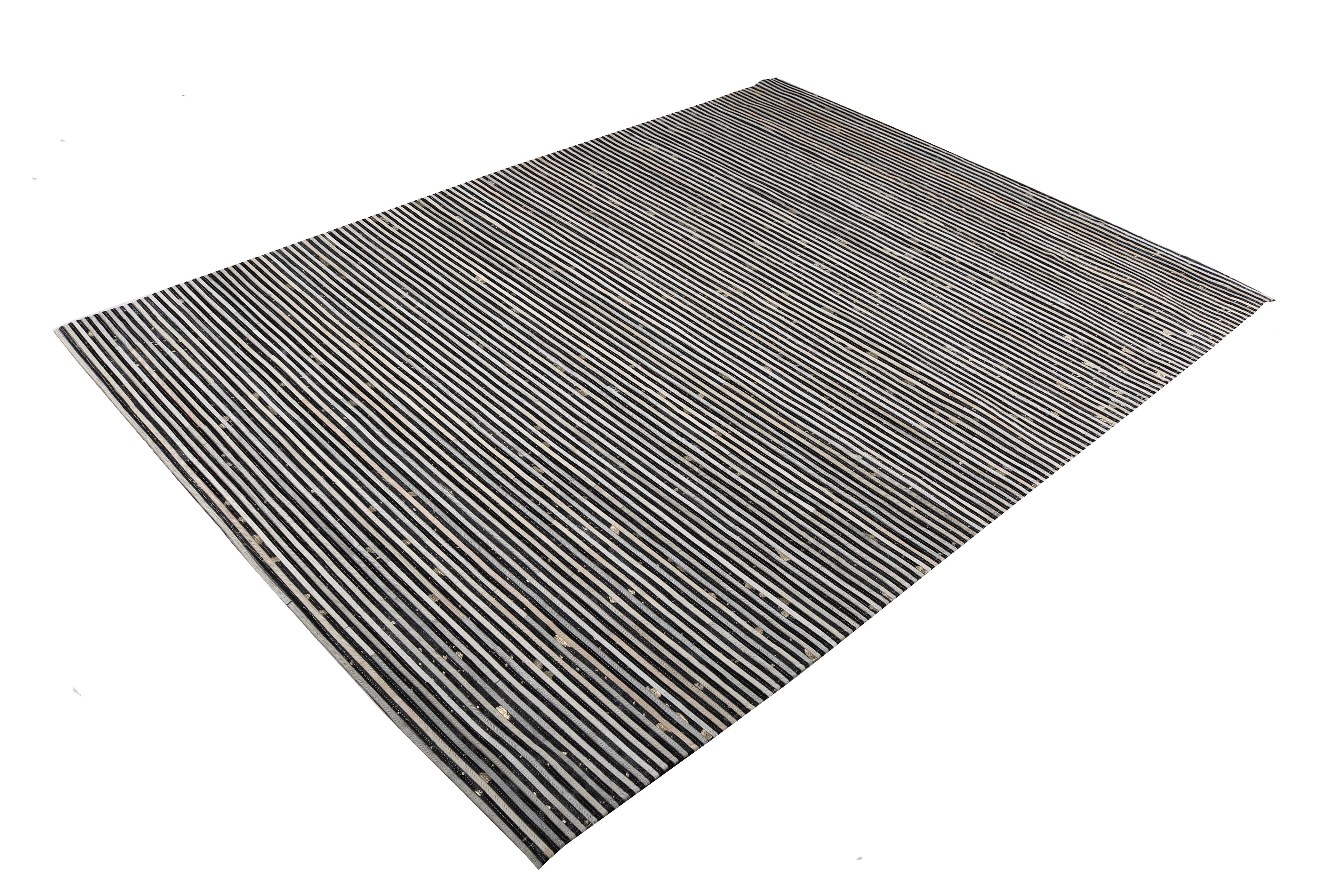 Cream & Black Geometric Cowhide Rug – Striped Patchwork with Gold Accents - Patchwork PCH222