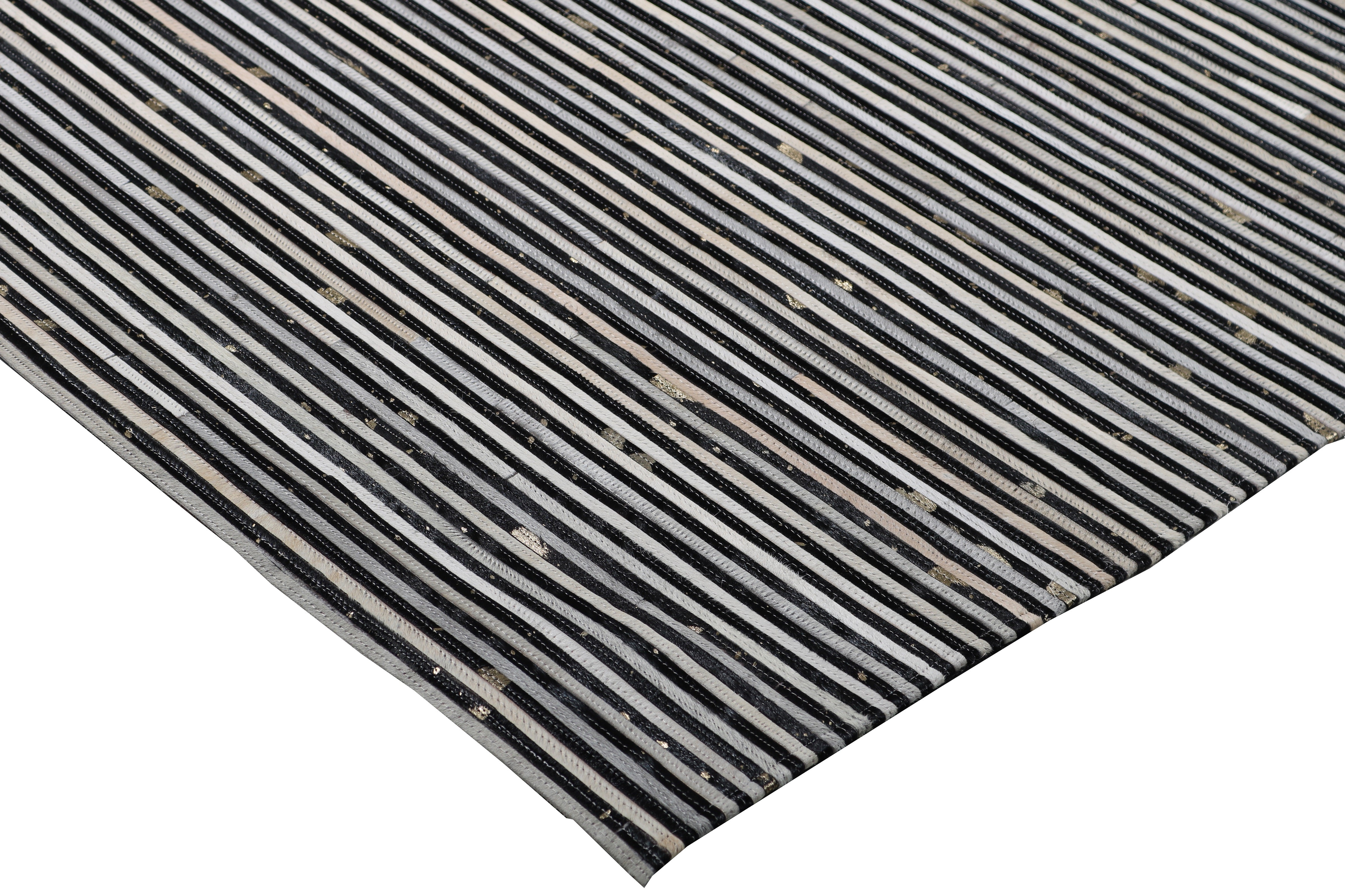 Cream & Black Geometric Cowhide Rug – Striped Patchwork with Gold Accents - Patchwork PCH222