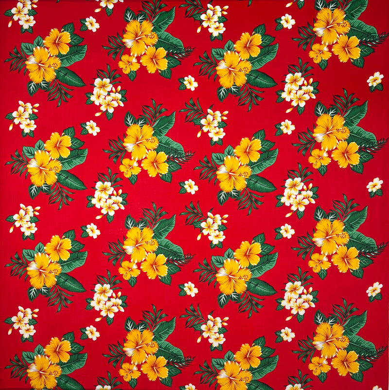 Hibiscus Plumeria & Tropical Leaves Clusters Rayon Fabric | Islands Fabric