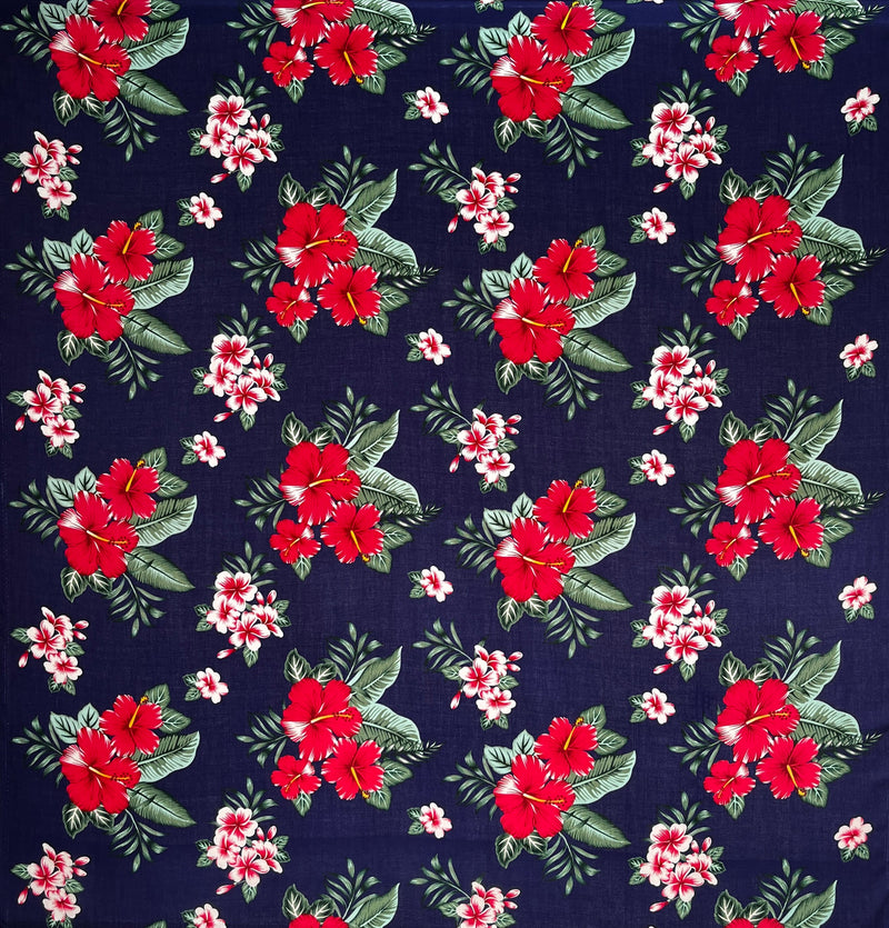 Hibiscus Plumeria & Tropical Leaves Clusters Rayon Fabric | Islands Fabric