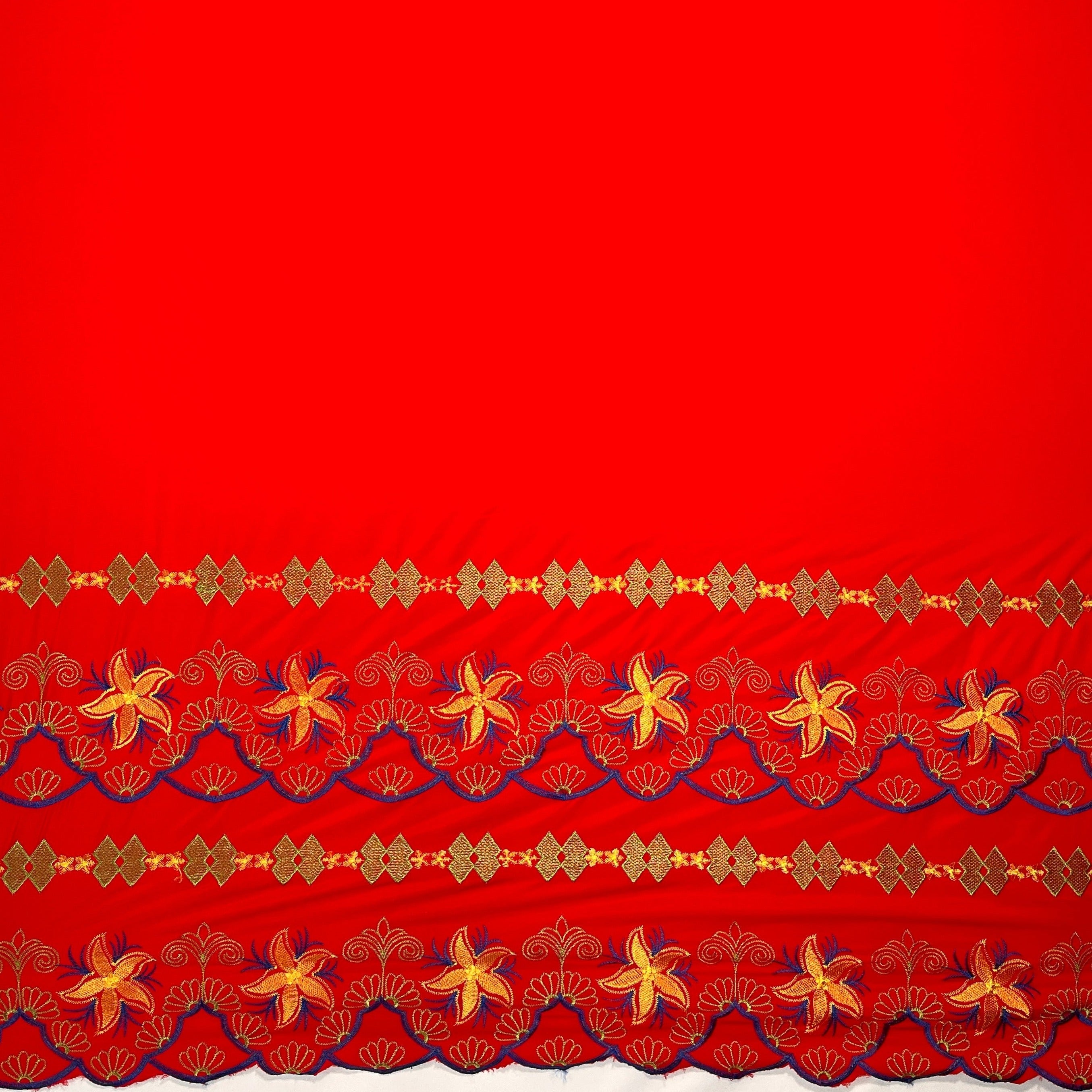 Plumeria Flower Embroidered Double Border Polyester Fabric | Islands Fabric