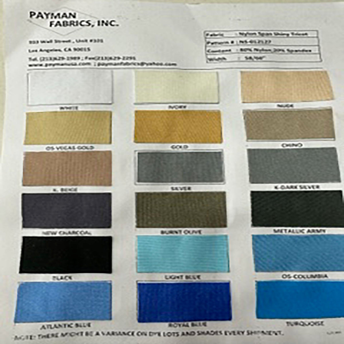 Dynamic Nylon Spandex 4-Way Stretch Shiny Tricot Color Card | Spandex Palace