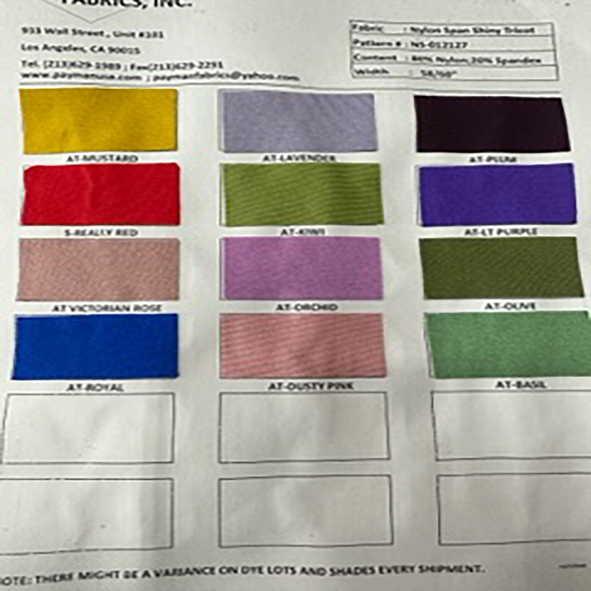 Dynamic Nylon Spandex 4-Way Stretch Shiny Tricot Color Card | Spandex Palace
