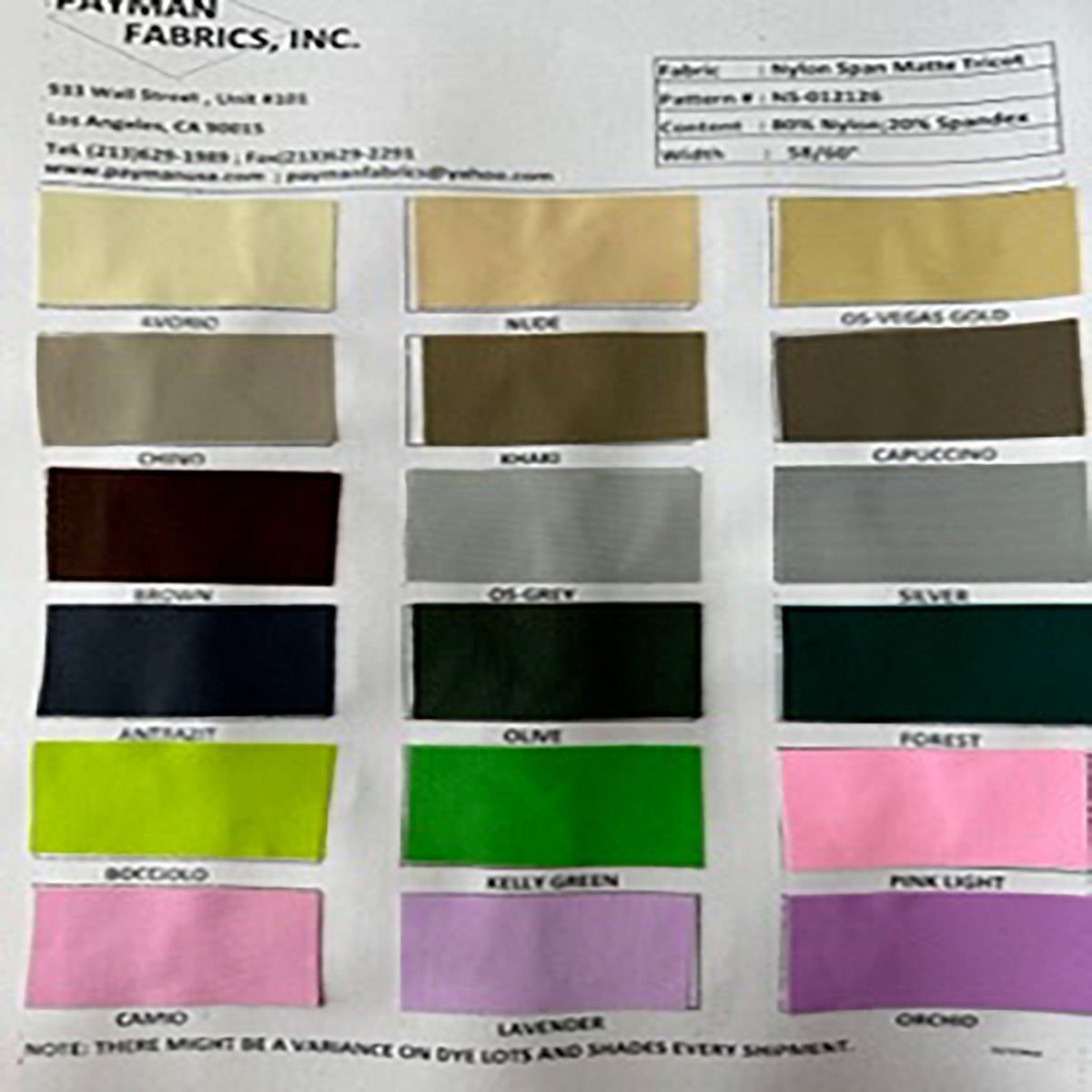 Nylon Spandex 4-Way Stretch Matte Tricot Color Card | Spandex Palace