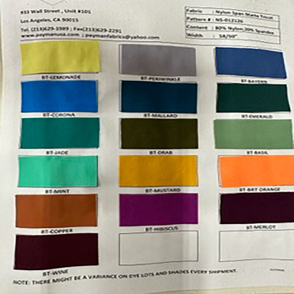 Nylon Spandex 4-Way Stretch Matte Tricot Color Card | Spandex Palace