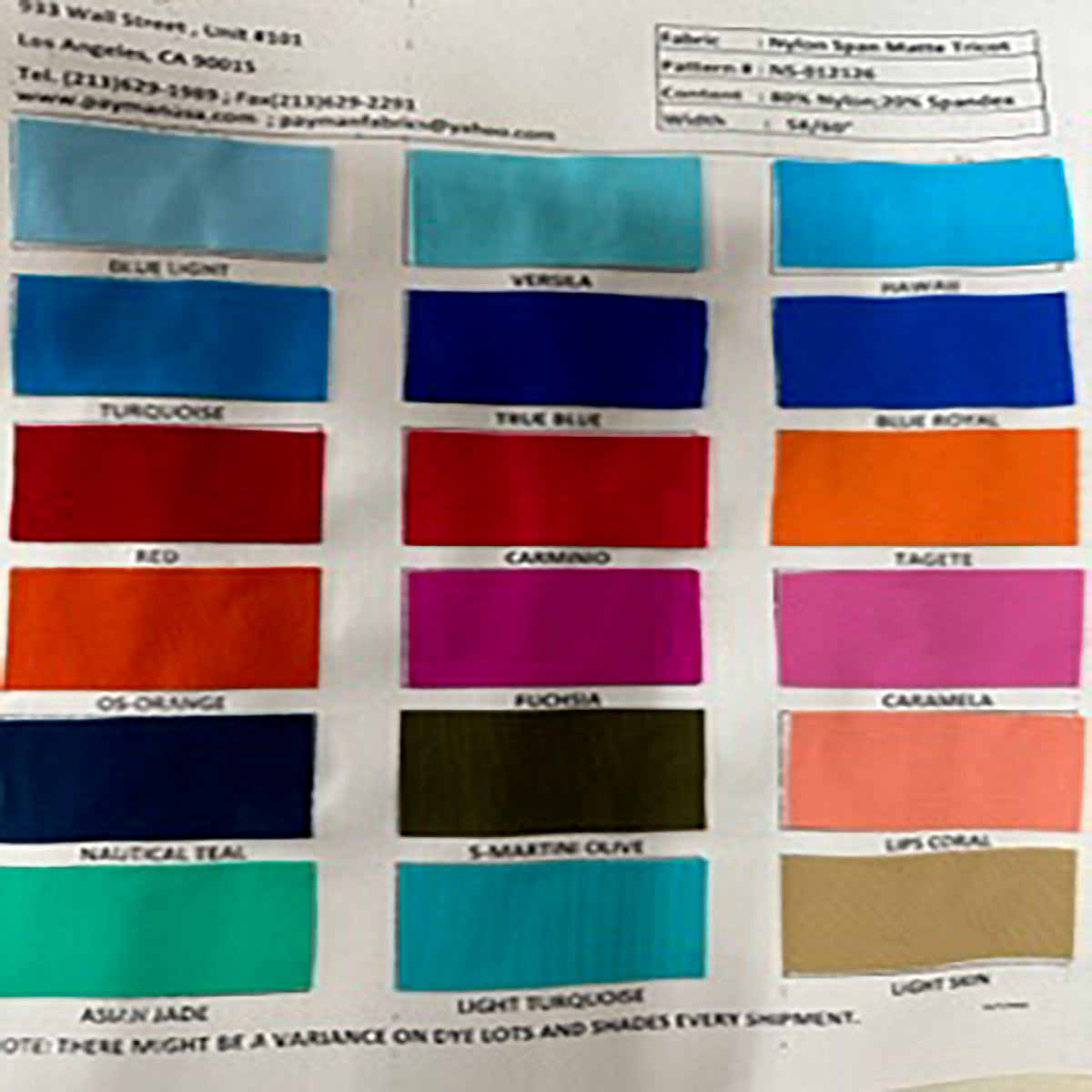 Nylon Spandex 4-Way Stretch Matte Tricot Color Card | Spandex Palace