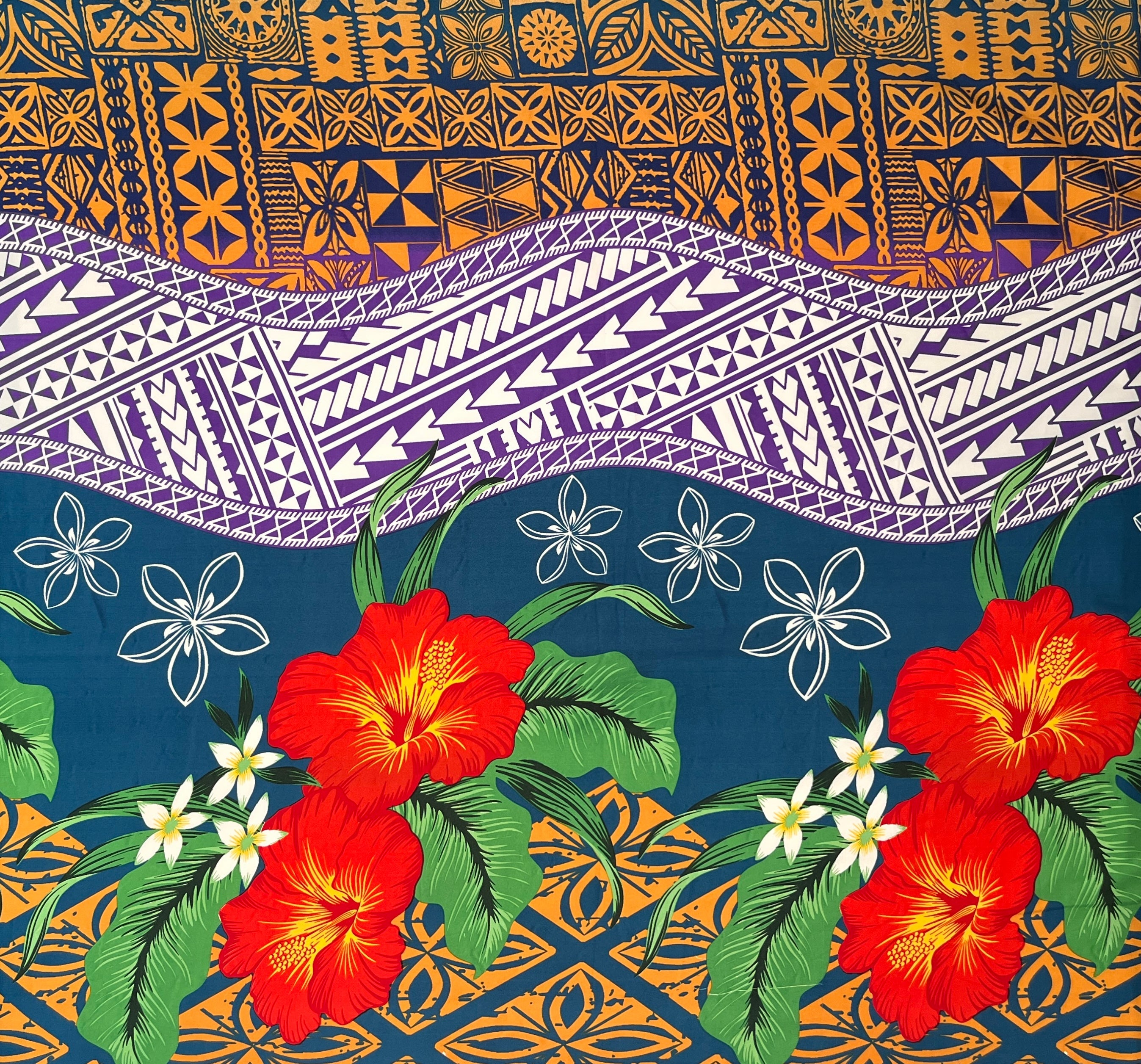 Tapa, Tribal Tattoo Hibiscus Plumeria0 Peachskin Fabric | Islands Fabric