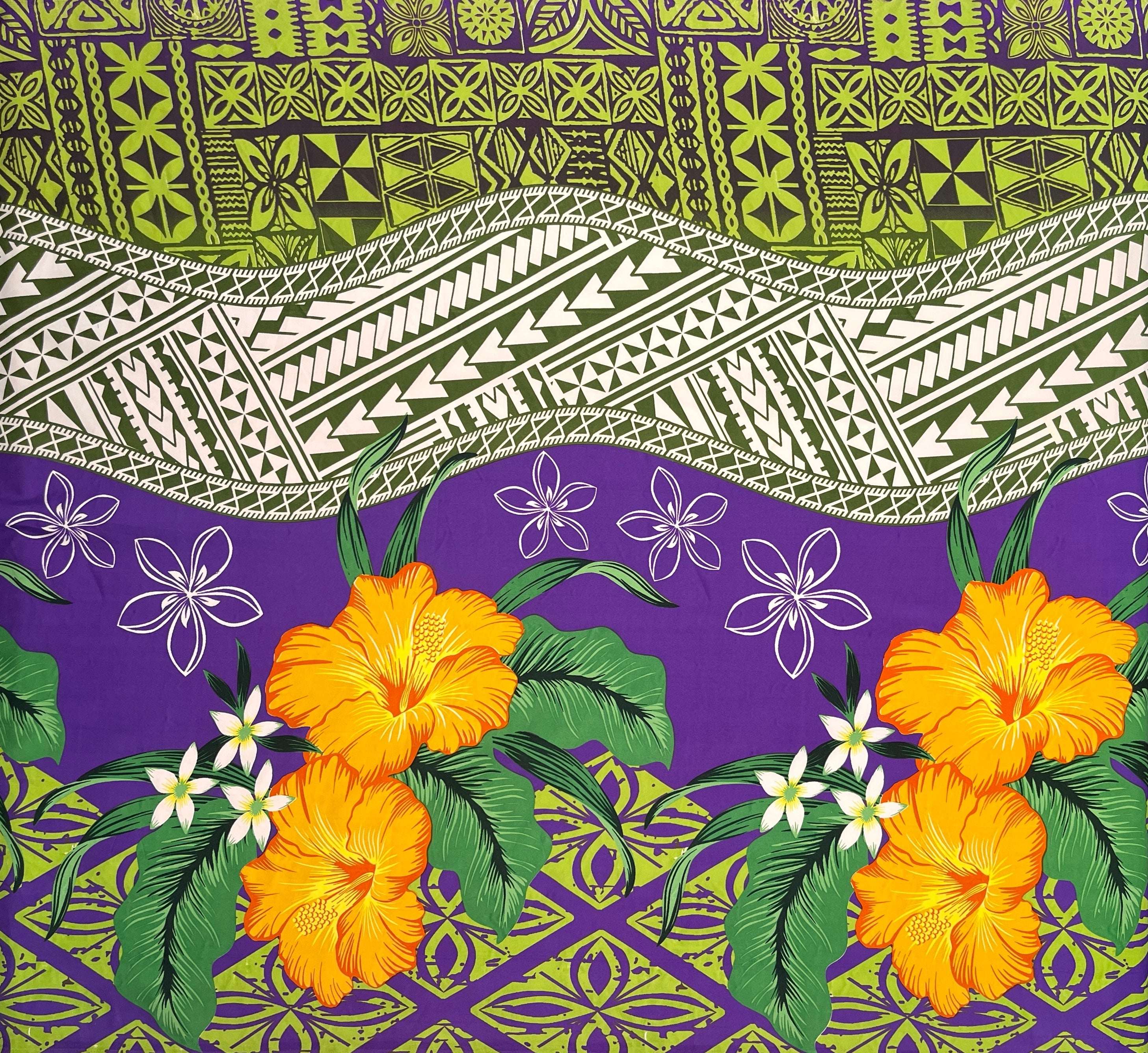 Tapa, Tribal Tattoo Hibiscus Plumeria0 Peachskin Fabric | Islands Fabric