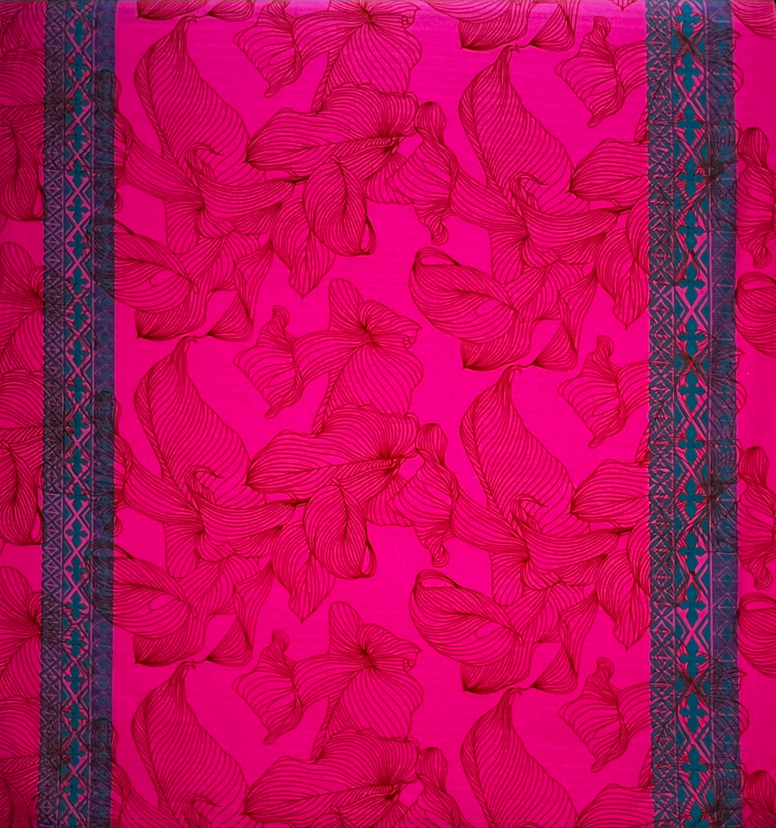 Lily with Tapa Double Border Cotton Light Barkcloth Fabric | Islands Fabric