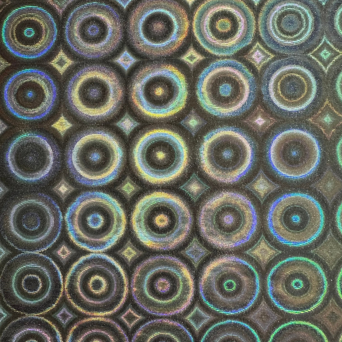 Radiant Bullseye Foil Print Stretch Polyester Fabric | Spandex Palace