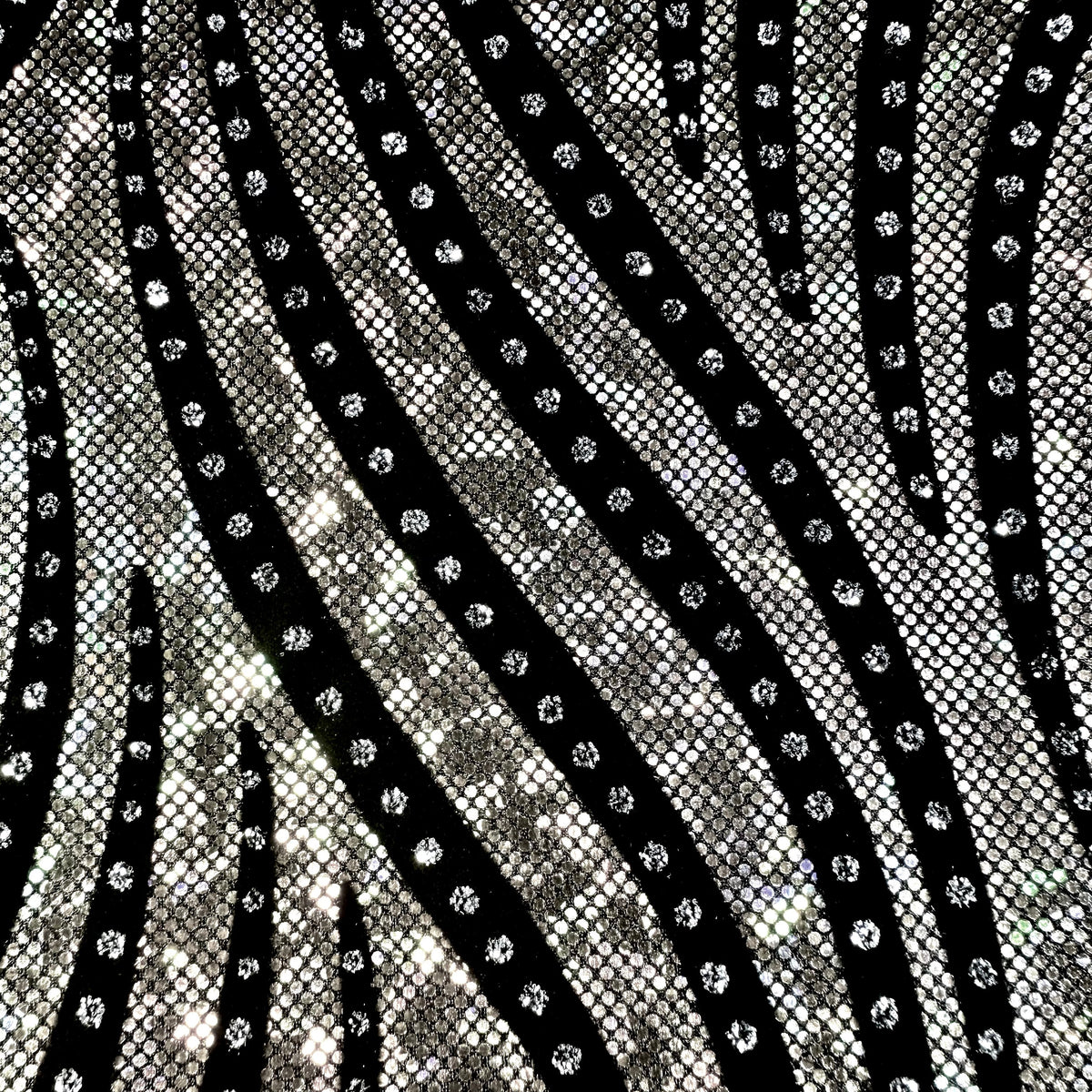 Zebra Flock on Shattered Holo Stretch Nylon Spandex Fabric | Spandex Palace