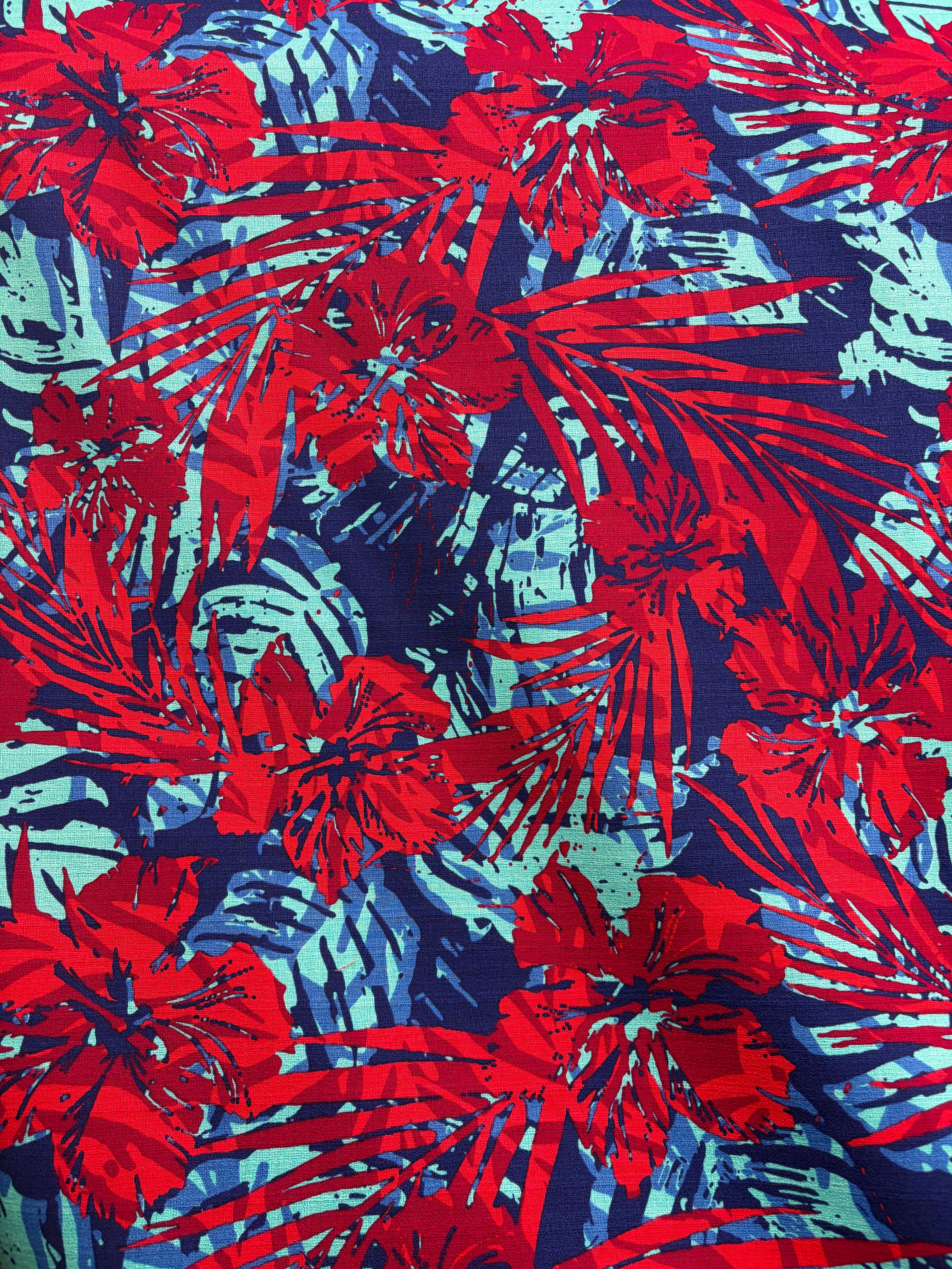 Hibiscus Palm Watercolor Design Cotton Light Barkcloth Fabric | Islands Fabric